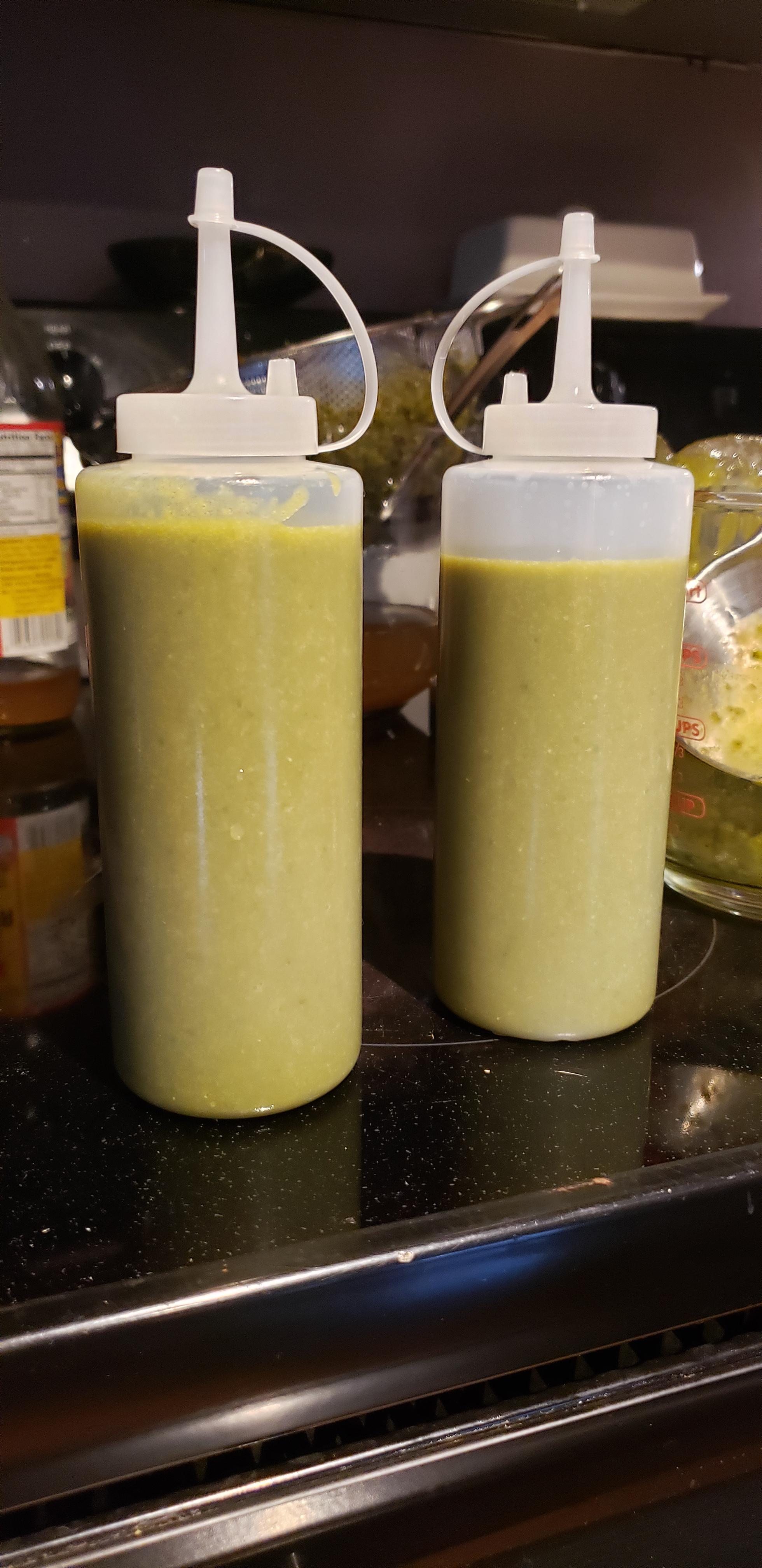 Fermented serranos, blended with roasted jalapeno/poblanos, garlic, ACV