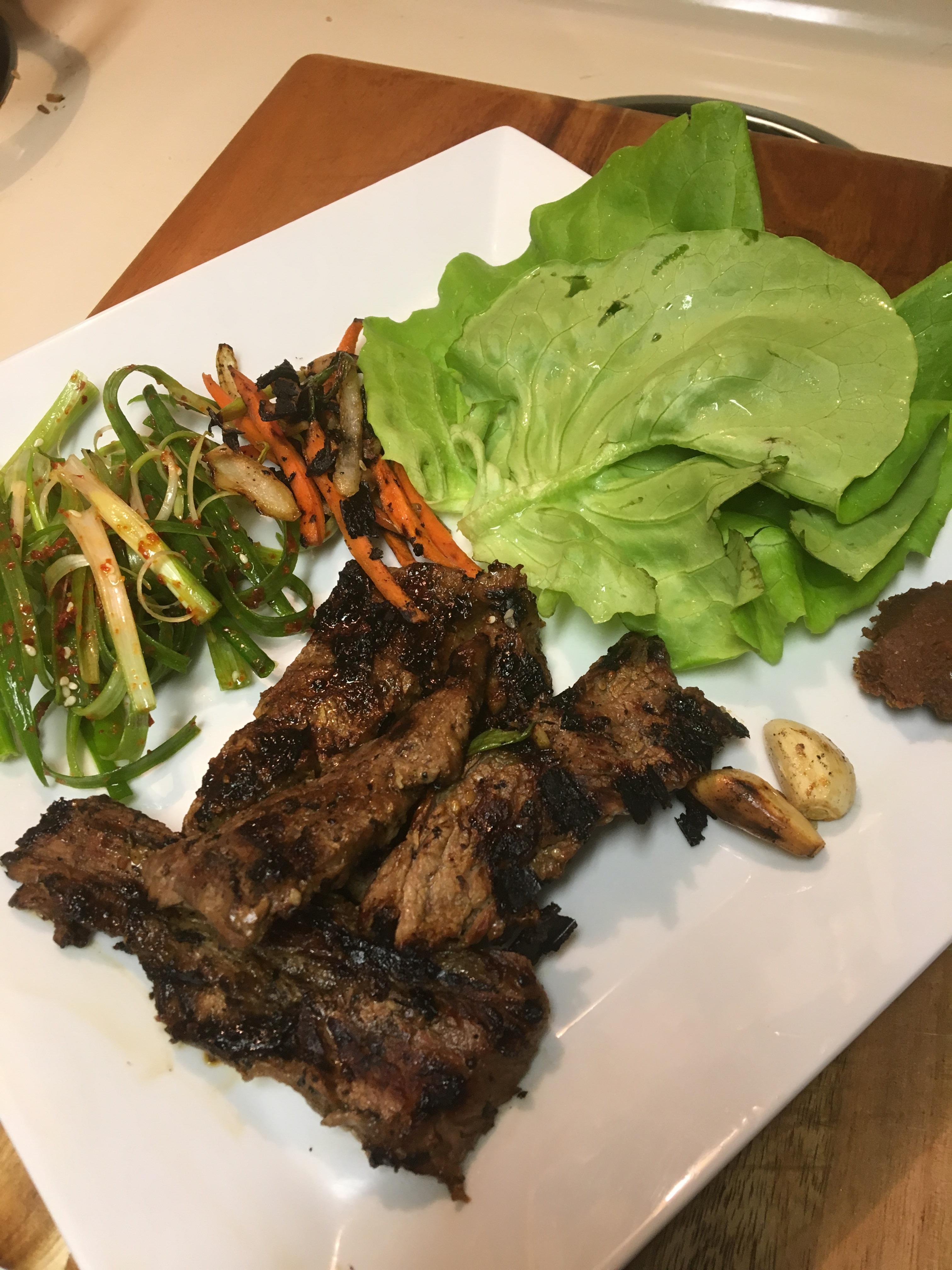 [Homemade] Korean Bulgolgi marinated flank steak, scallion salad