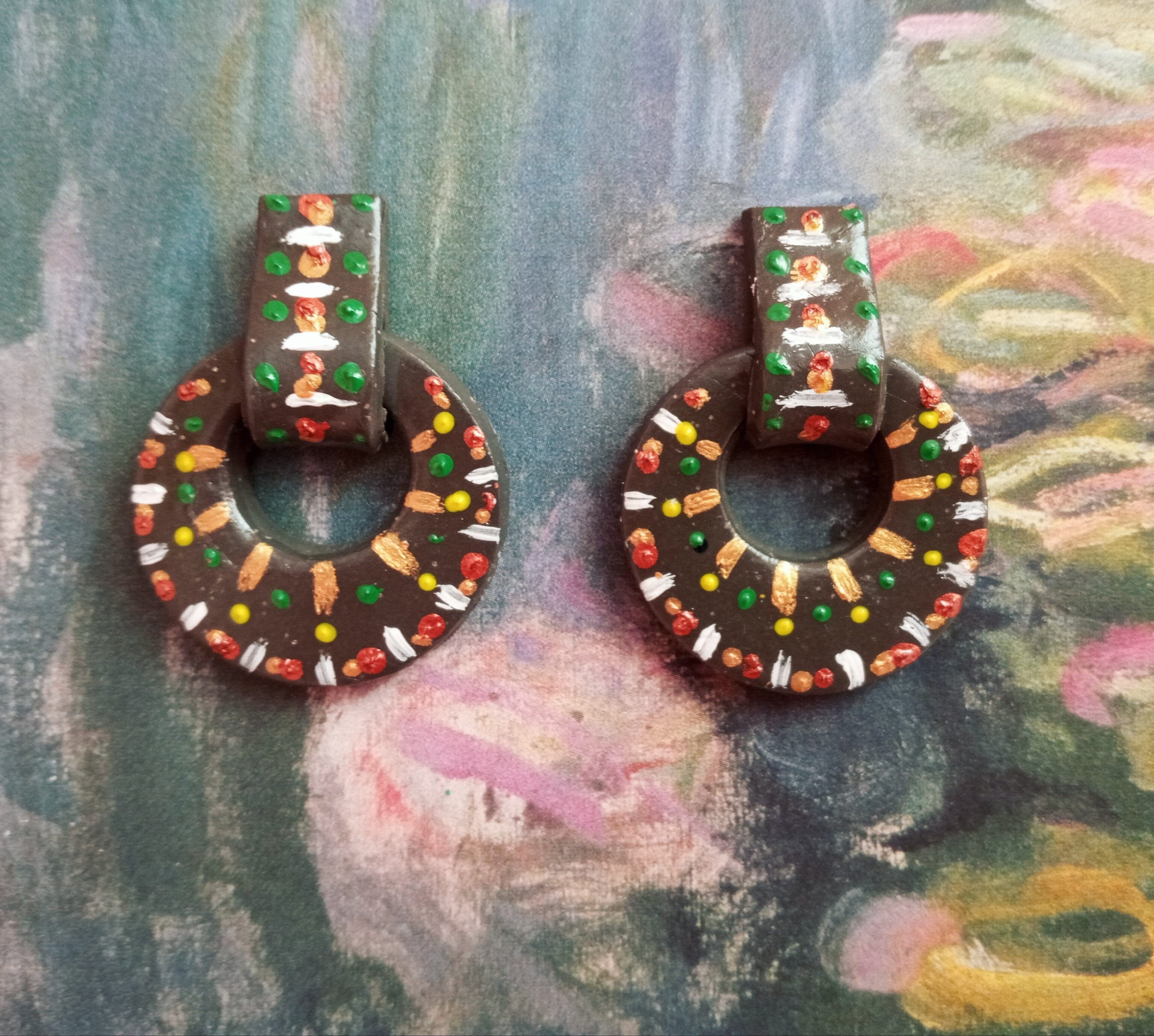 Earrings painted with acrylic paints. r/polymerclay