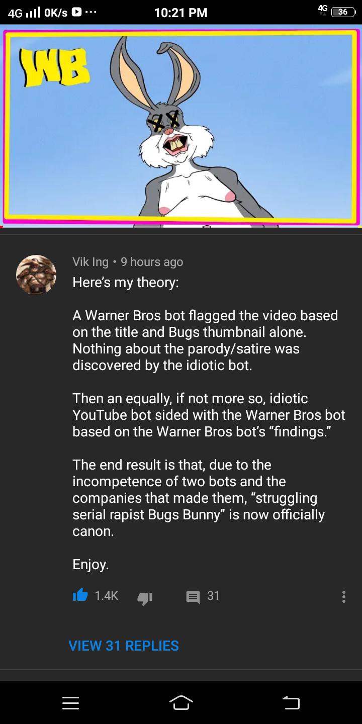 Warner Bros. claimed a parody animation of Bugs Bunny by MeatCanyon. So