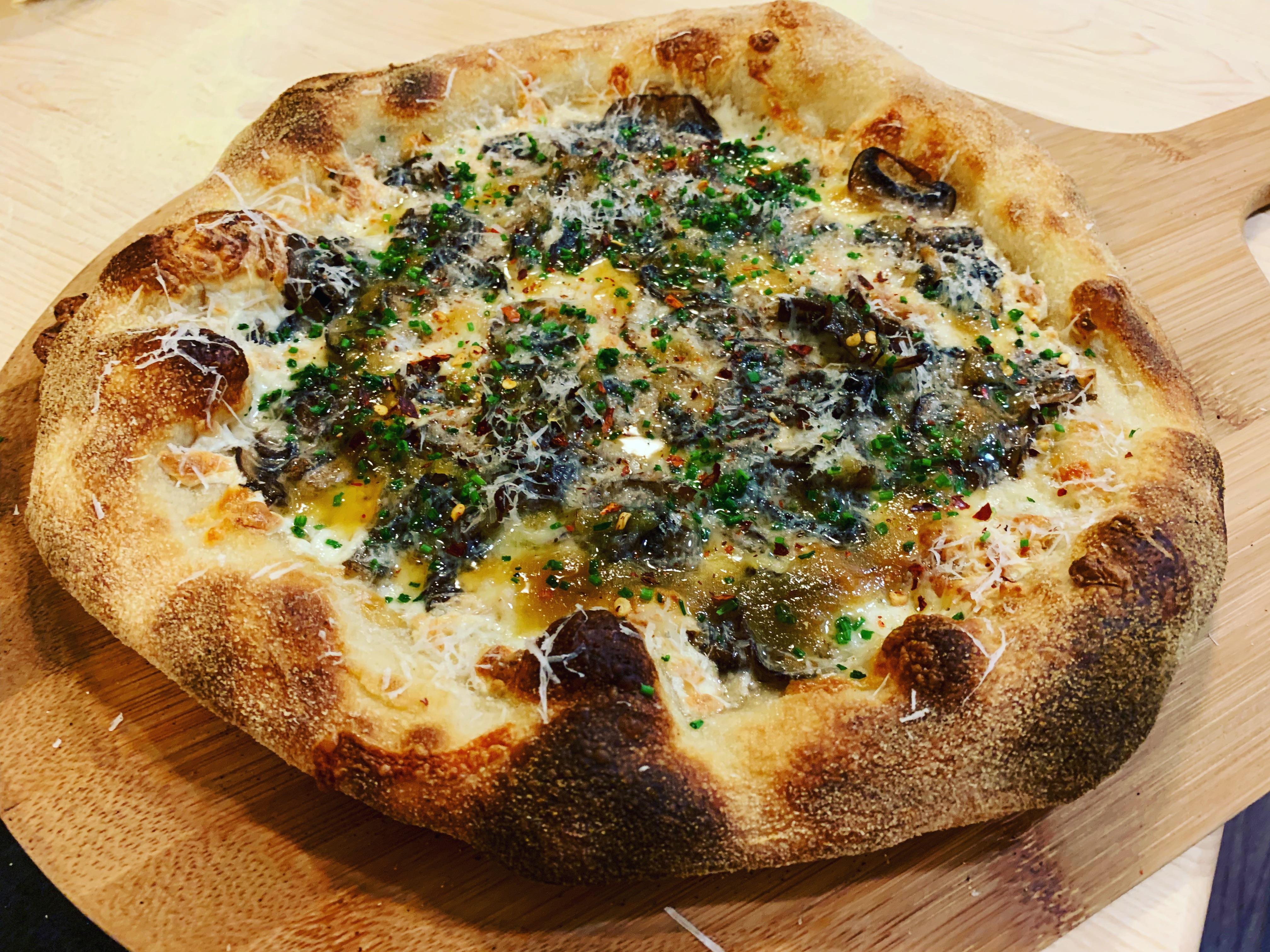Roasted maitake mushrooms, smoked mozz, chives, Mike’s hot honey, red