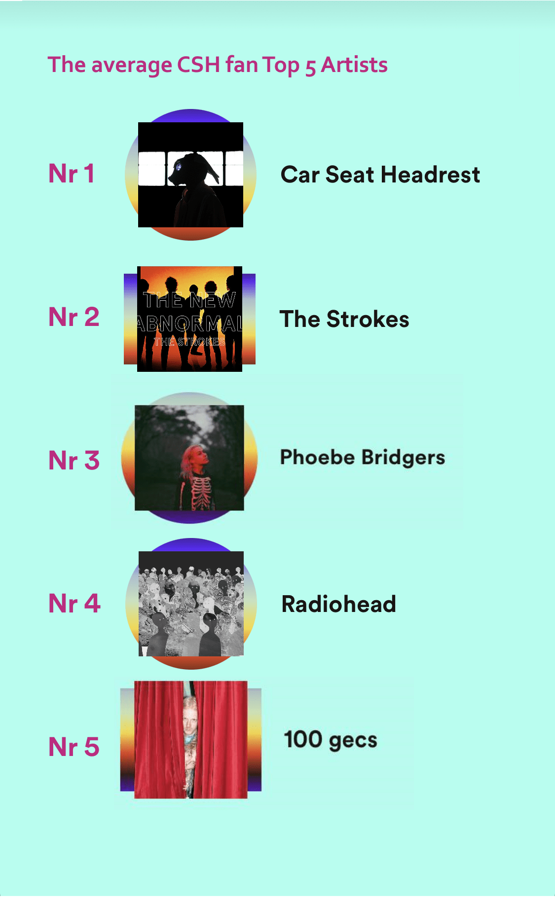 The average car seat headrest fans top 5 artists (More info and graphs