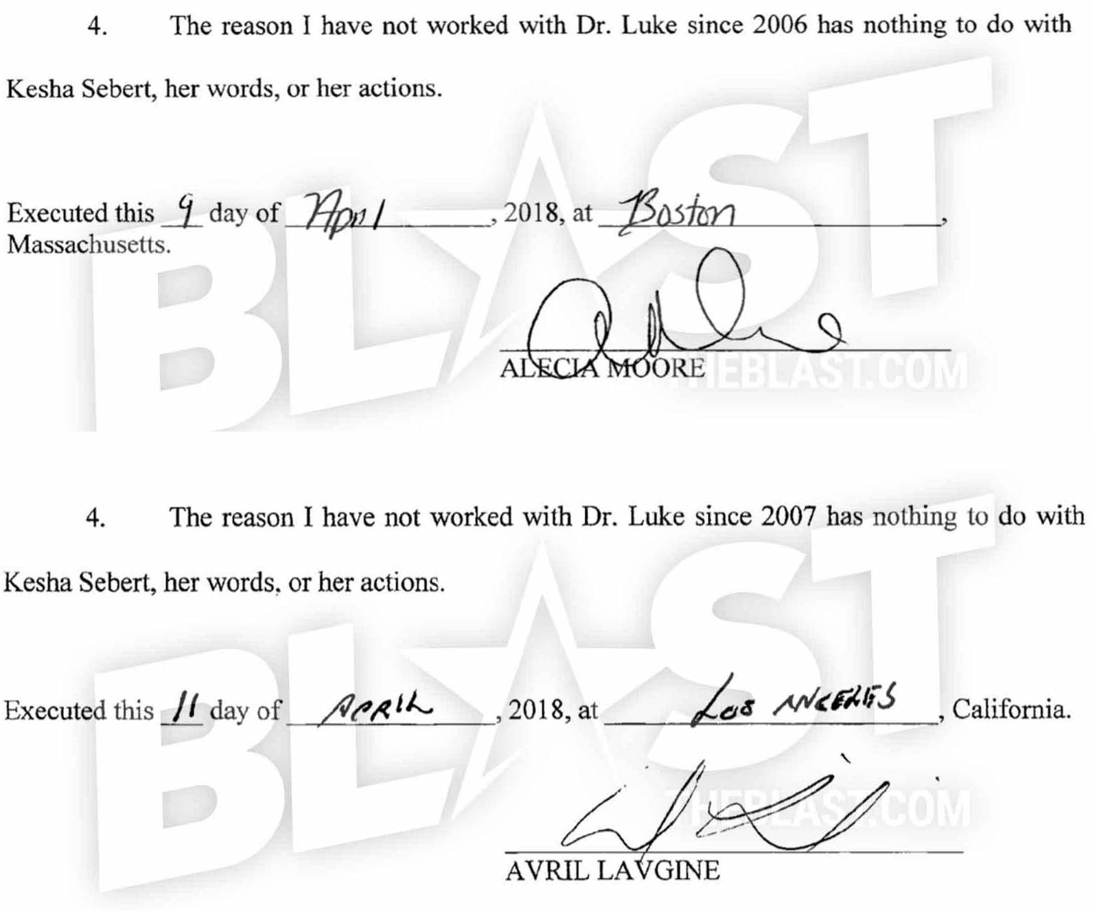In April 2018,P!nk and Avril Lavigne signed affidavits to support Kesha