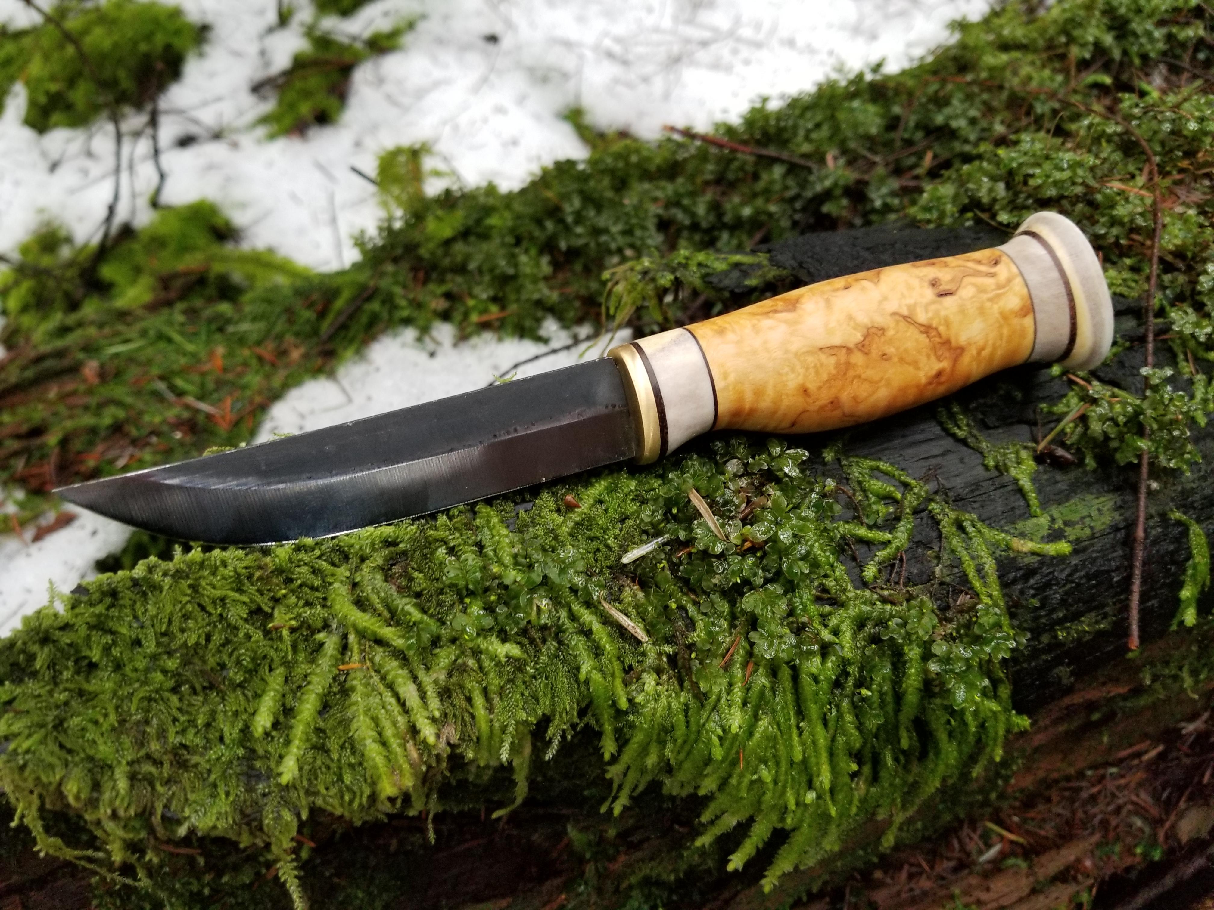 New Puukko Day! Wood Jewel Carving Knife 77 with curly birch and antler