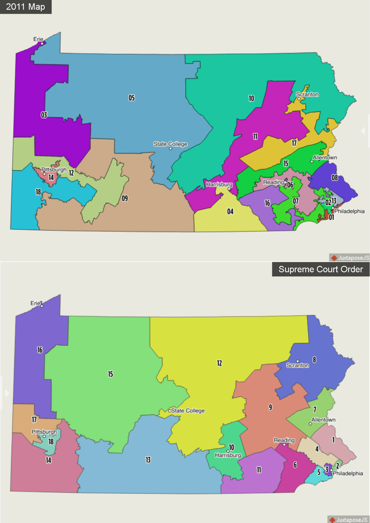 Sidebyside comparison of Pennsylvania's current (top) and court
