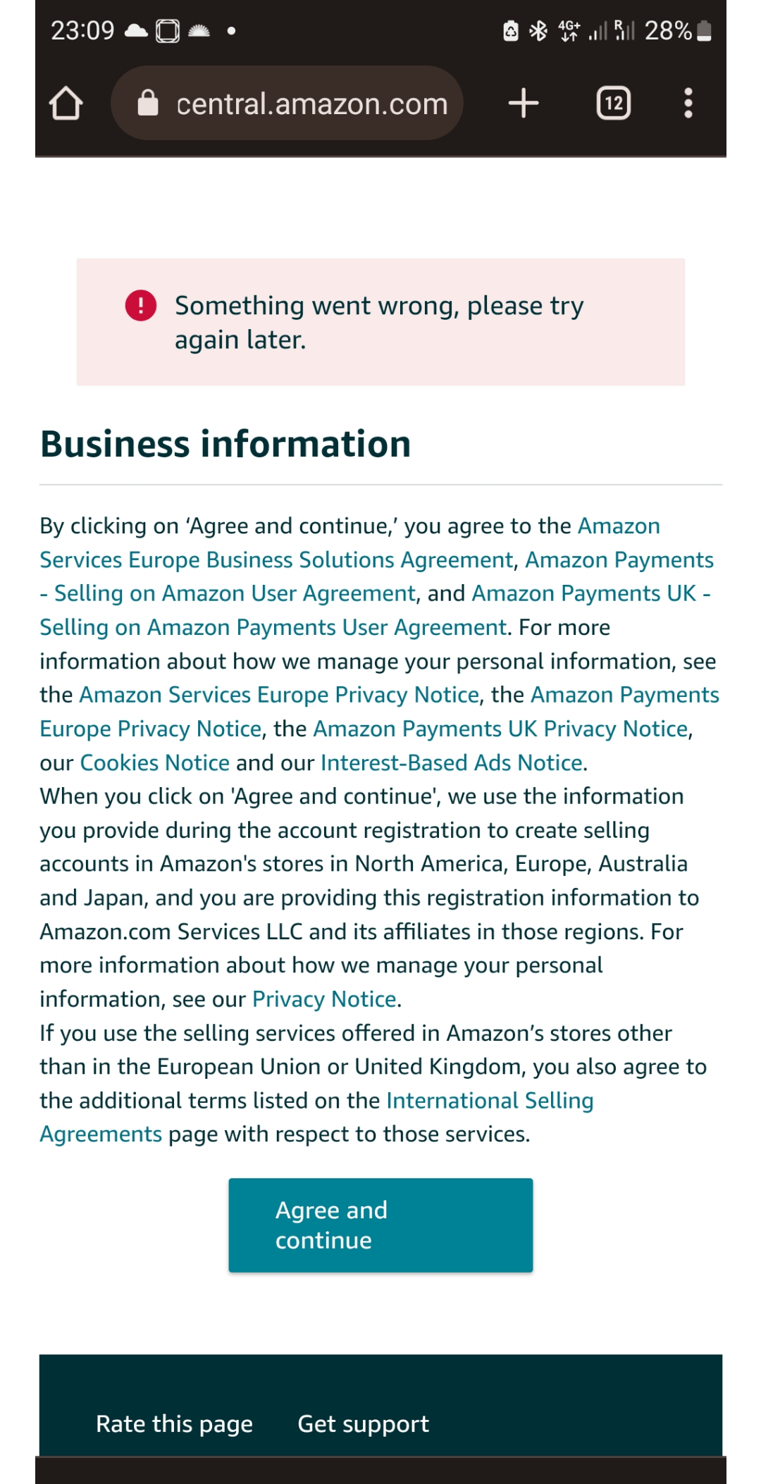 I am trying to sign up to seller central. But an error message appears