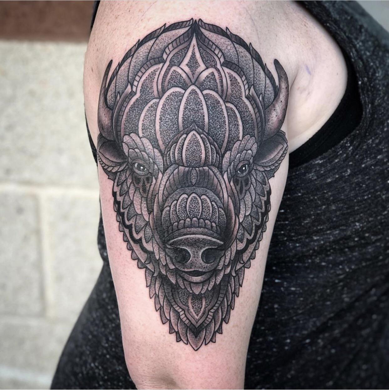 Ornamental Bison Jes Strickler at Iron Quill Tattoo in Madison, WI