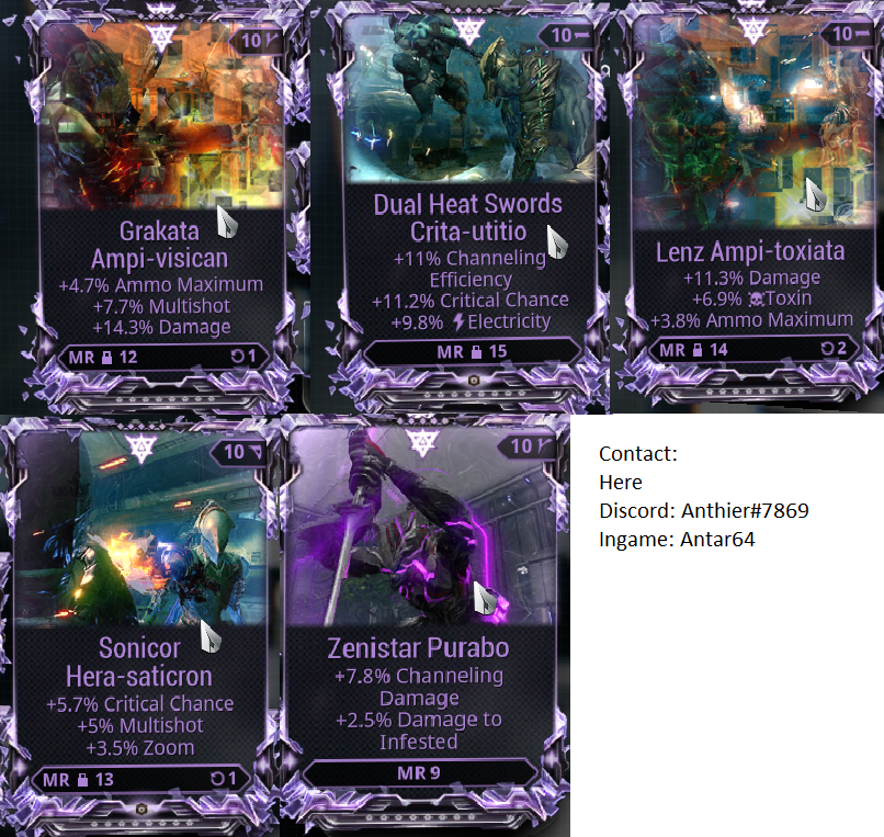 [PC][WTS][Riven] Dual Heat Swords, Sonicor, Grakata, Lenz, and Zenistar