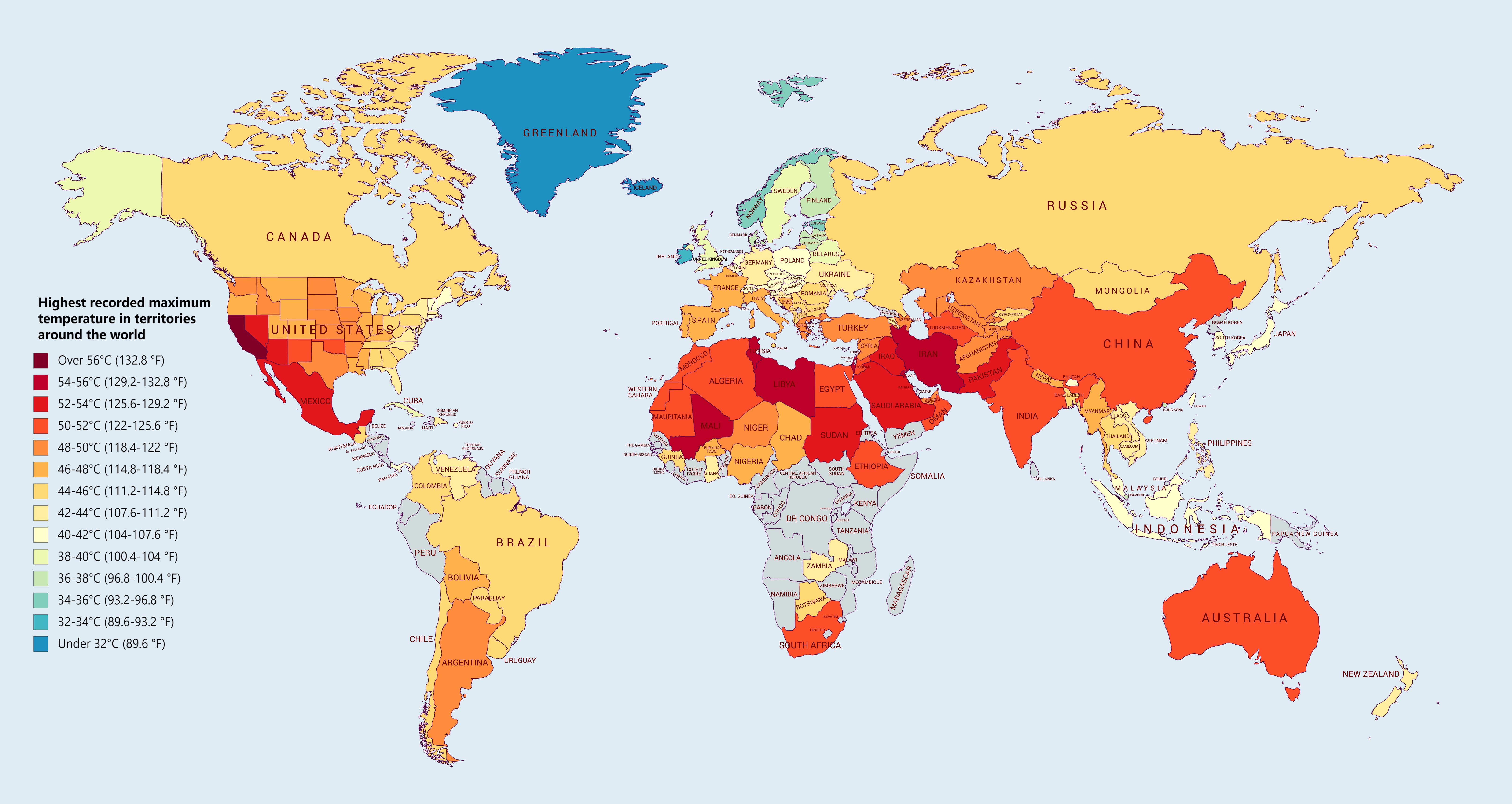 Highest recorded maximum temperature in countries, territories and U.S