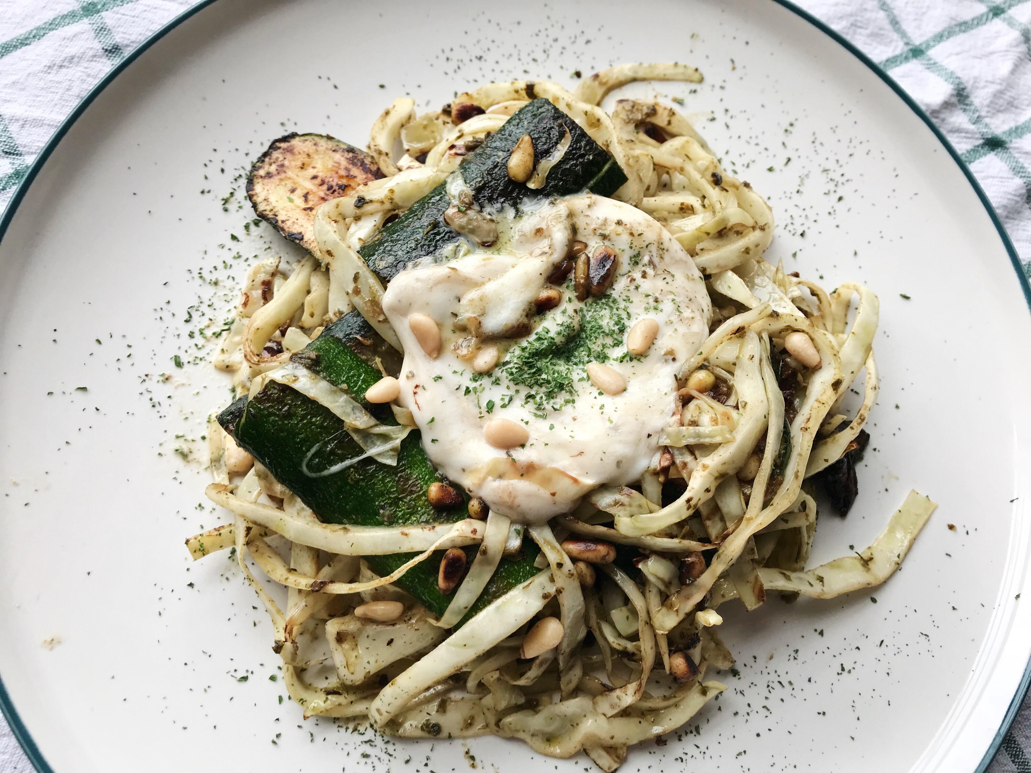 Keto Pesto “Pasta” — melting buffalo mozzarella, pan fried courgette