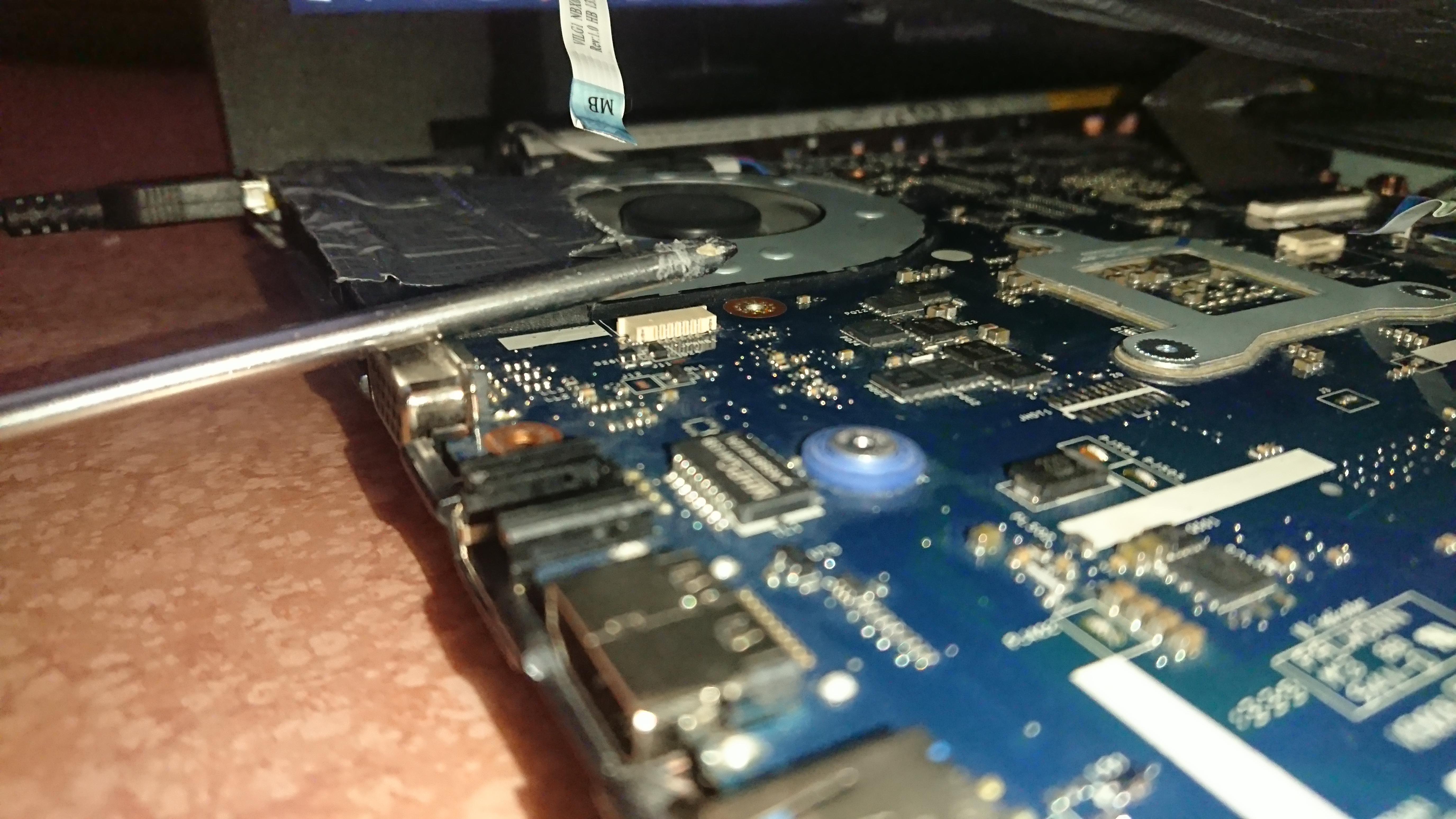 I'm in a hotel. I had a screwdriver. Laptop power button stopped