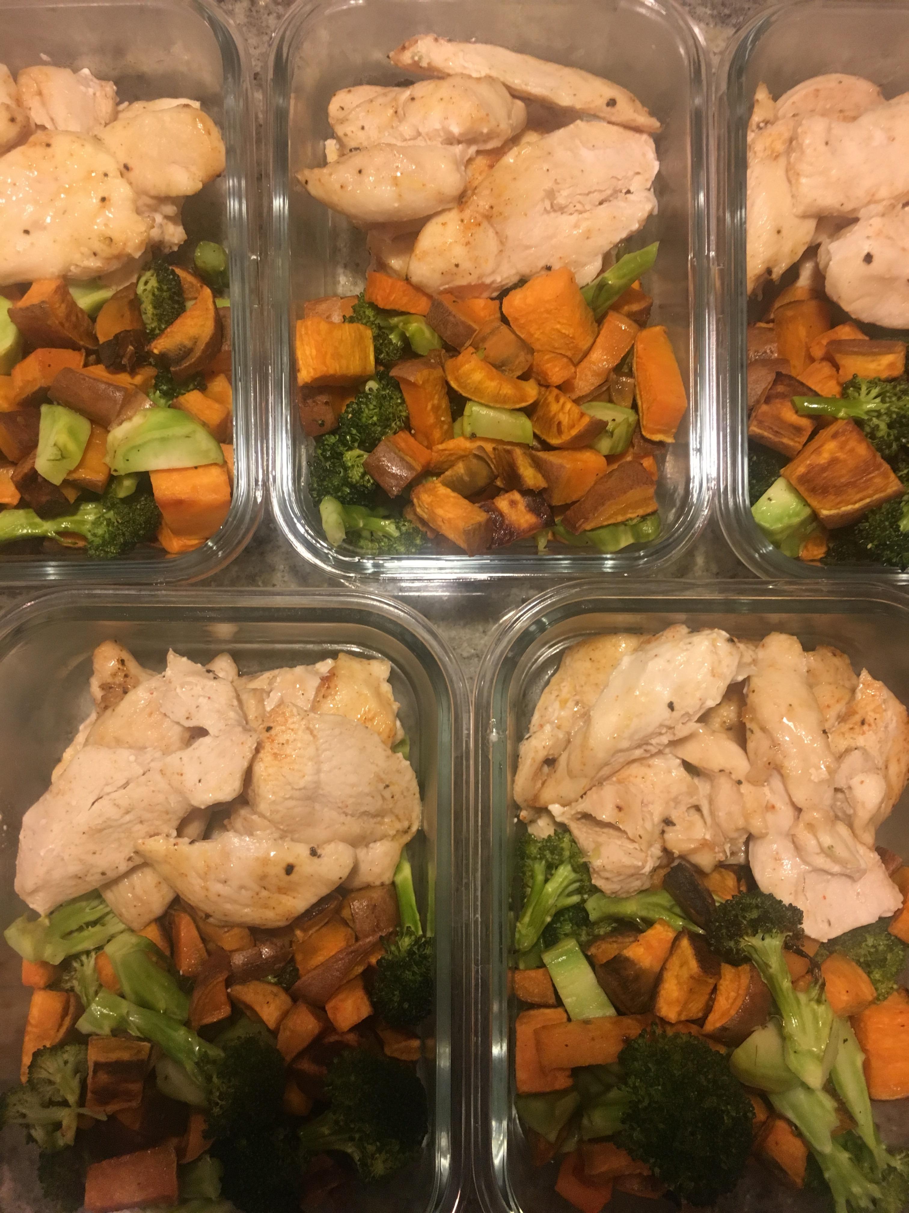 Oven roasted chicken breast, broccoli, and sweet potatoes r