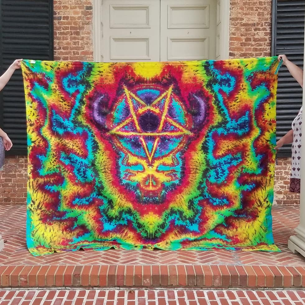 Steal Your Soul tapestry on a full size flat sheet r/tiedye