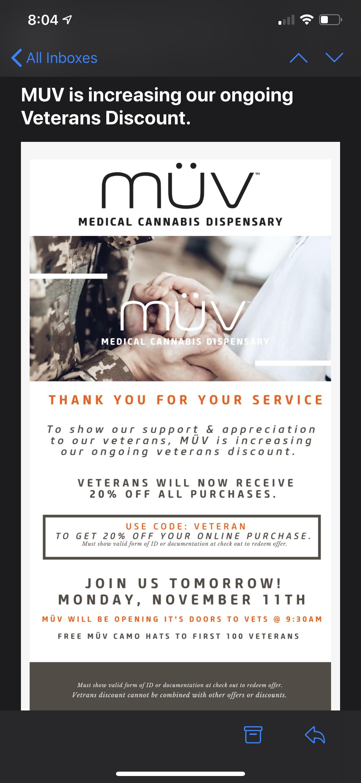 Looks like MUV is upping the Vet discount to 20!!!! r/FLMedicalTrees
