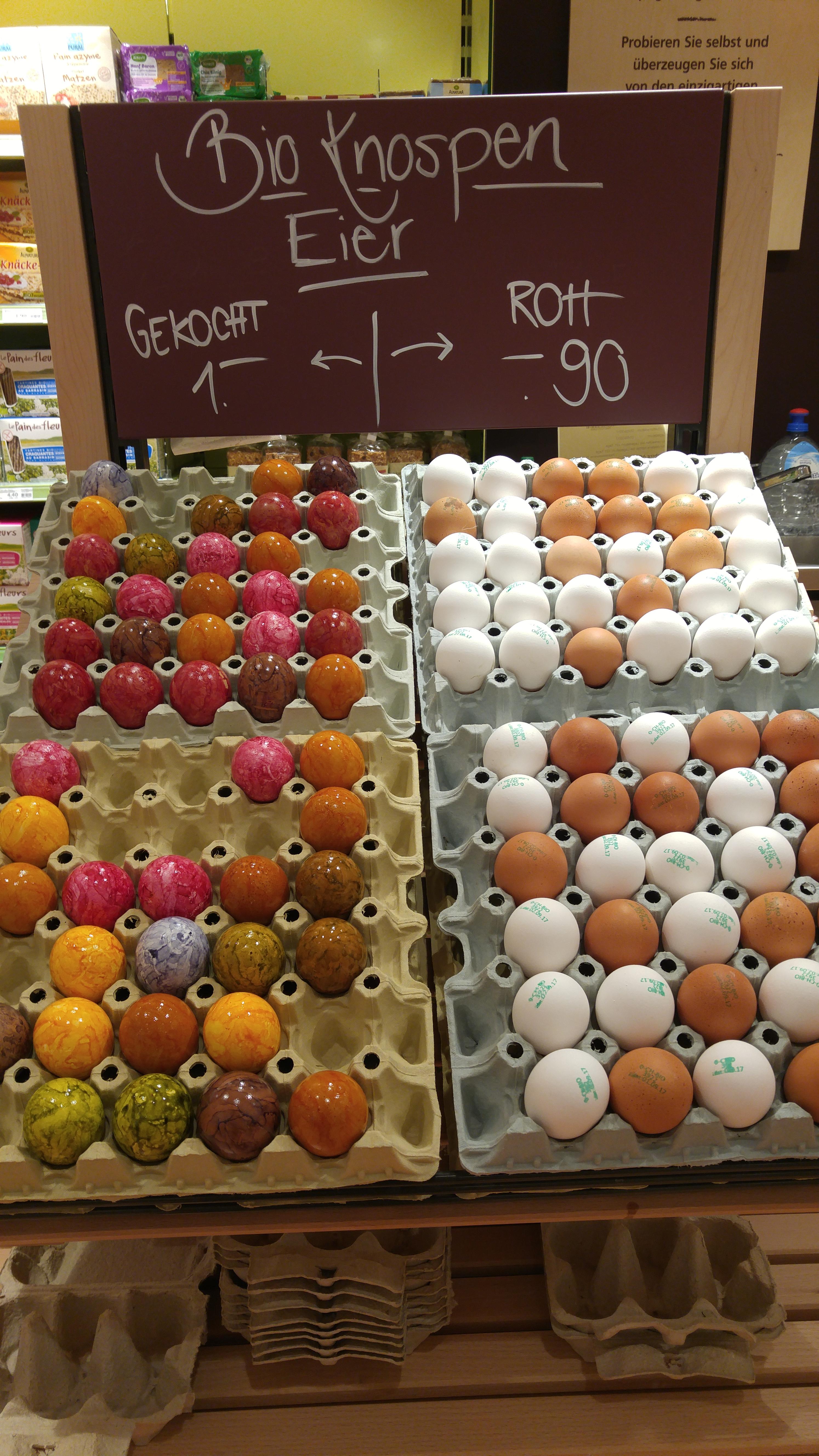 In Switzerland, grocery stores sell painted hardboiled eggs in order