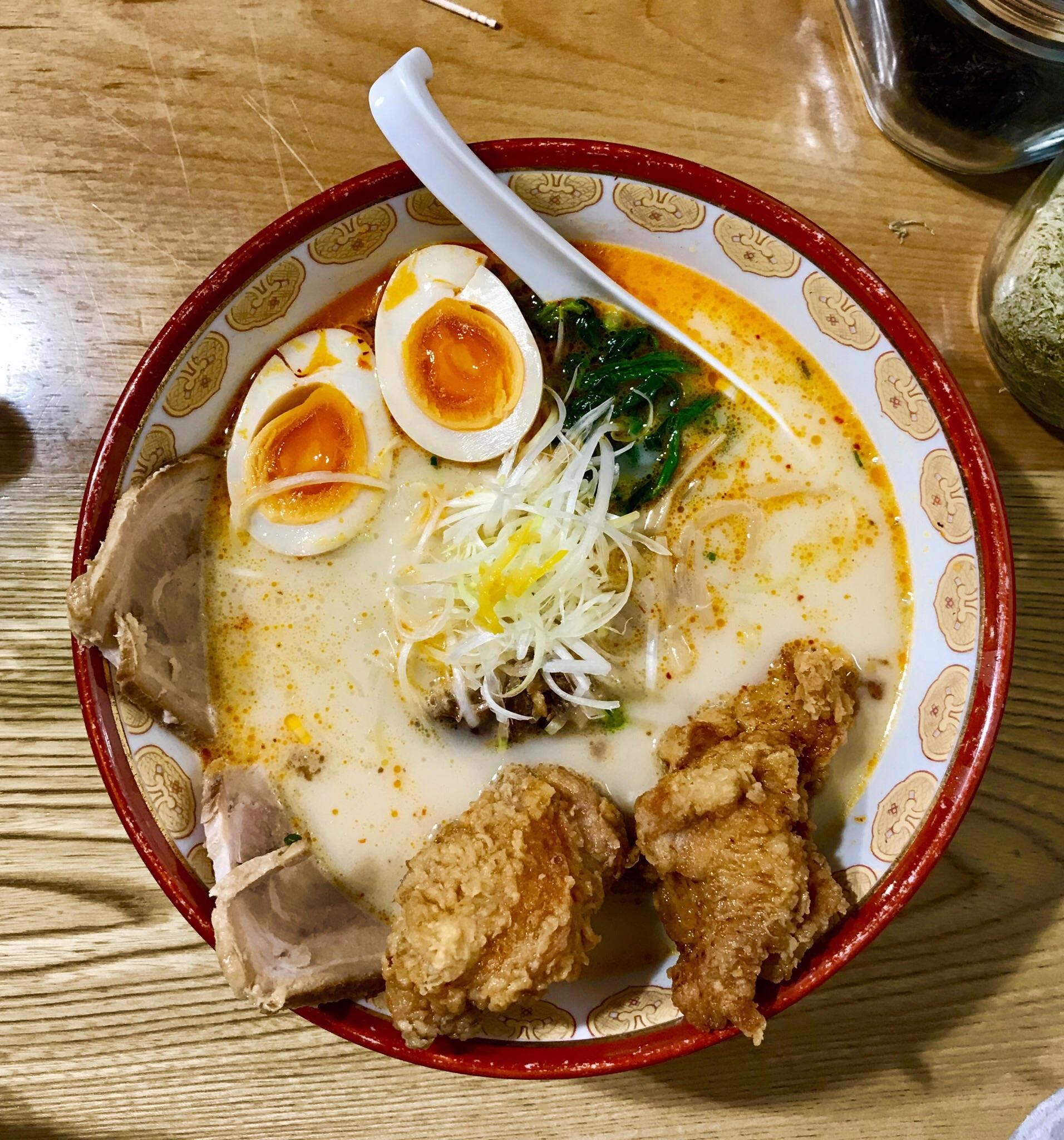 Oreryu in Harajuku, Tokyo. “Special Ramen” Pork broth with medium spice. Fried chicken and pork
