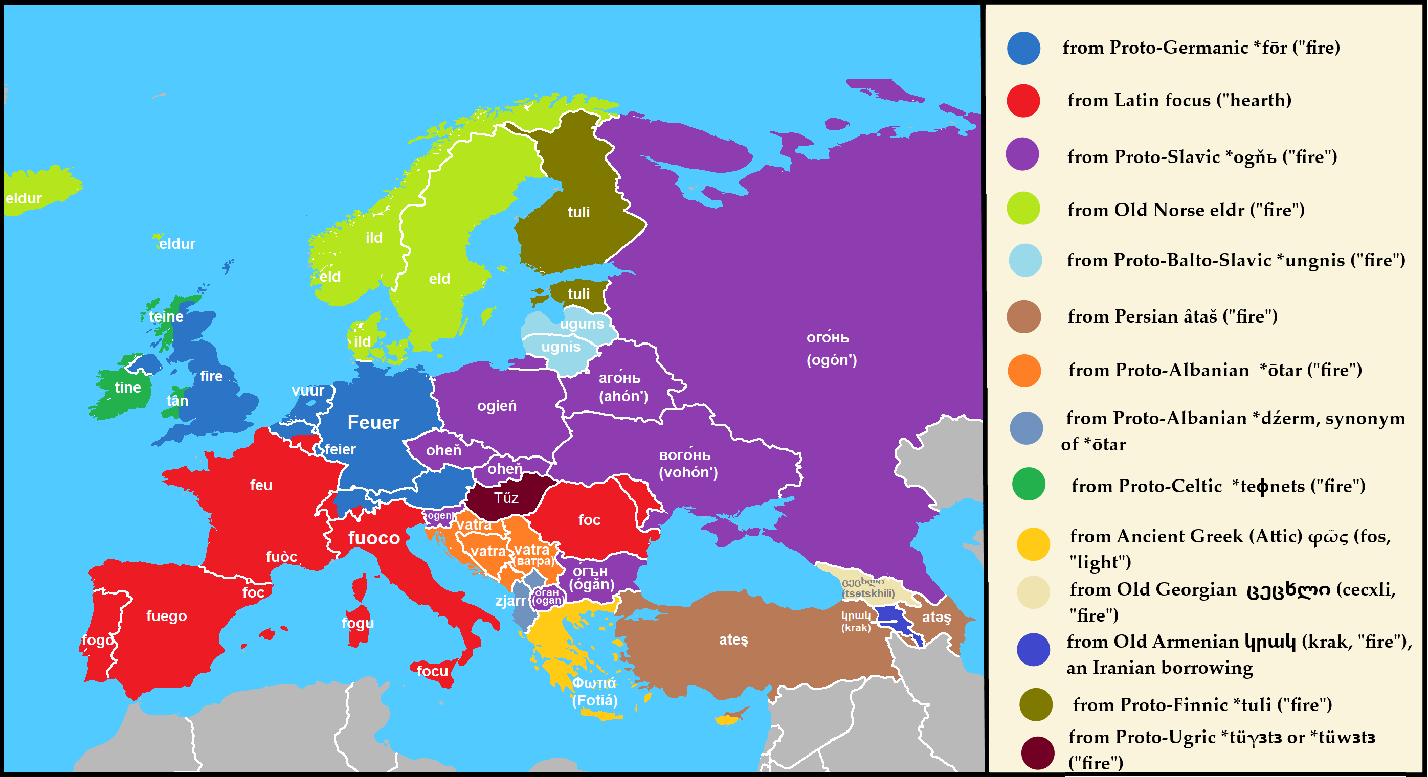 Fire 🔥 in some European languages r/etymologymaps