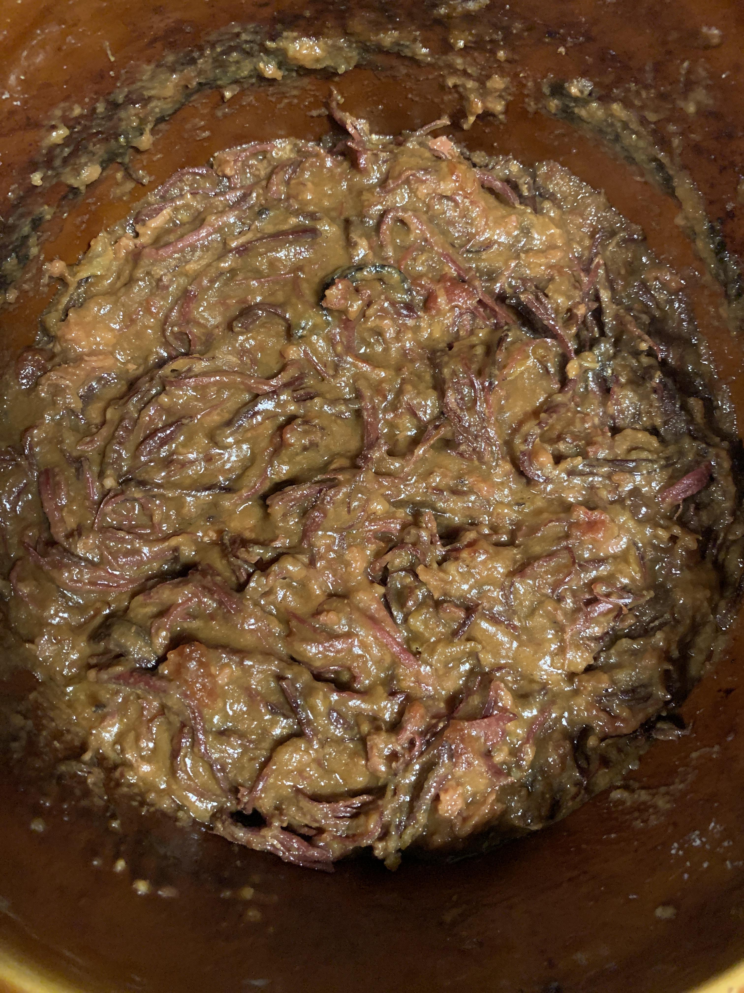 Corned beef roast with a gravy made of pepperoncini juice, a dash of Mickeys and instant garlic
