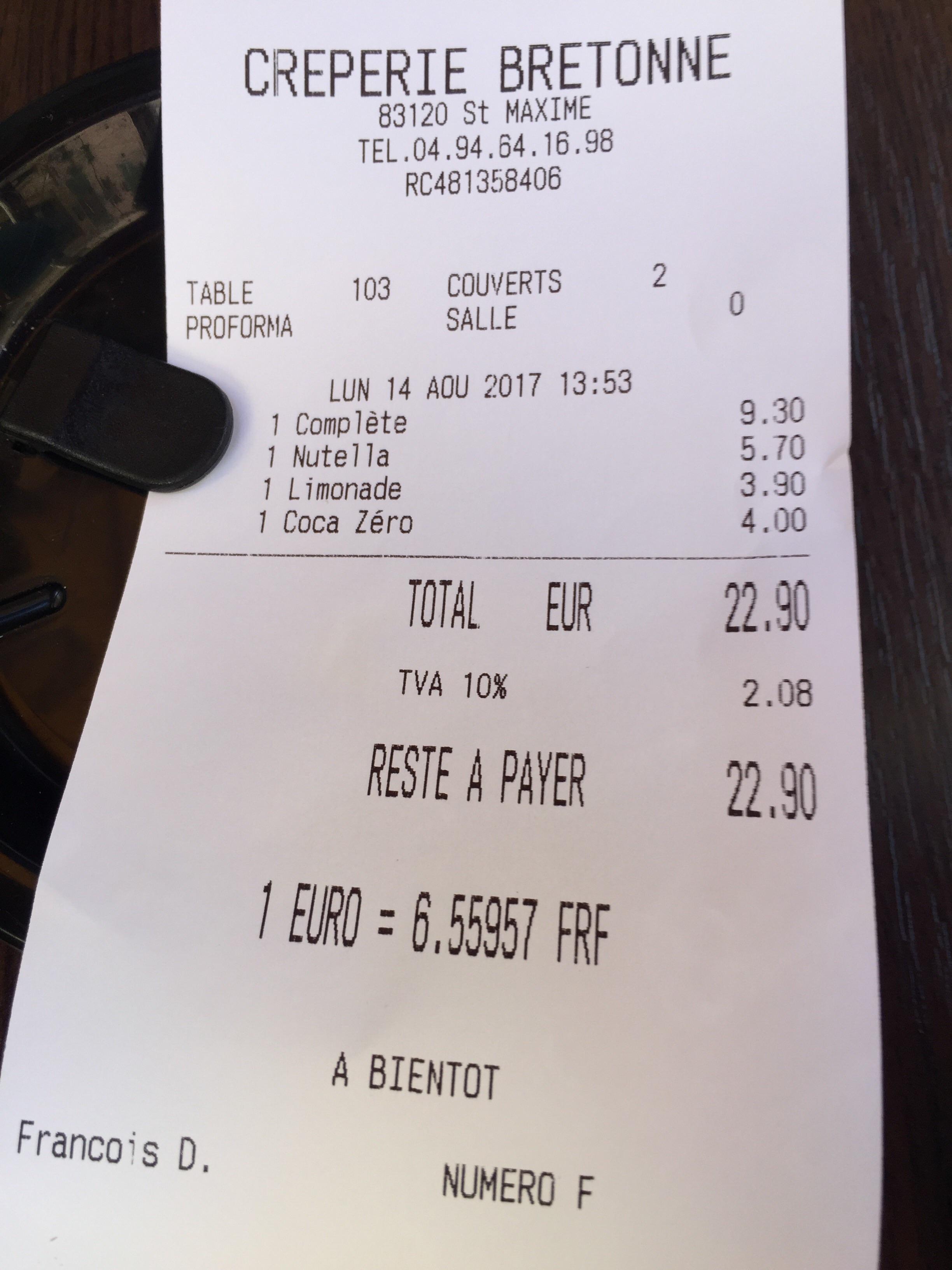 This French receipt converts Euros to Francs a currency that hasn't
