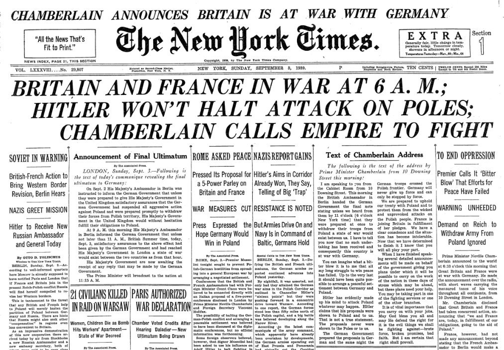 The front page ON THIS DAY in 1939. Britain and France declare war on