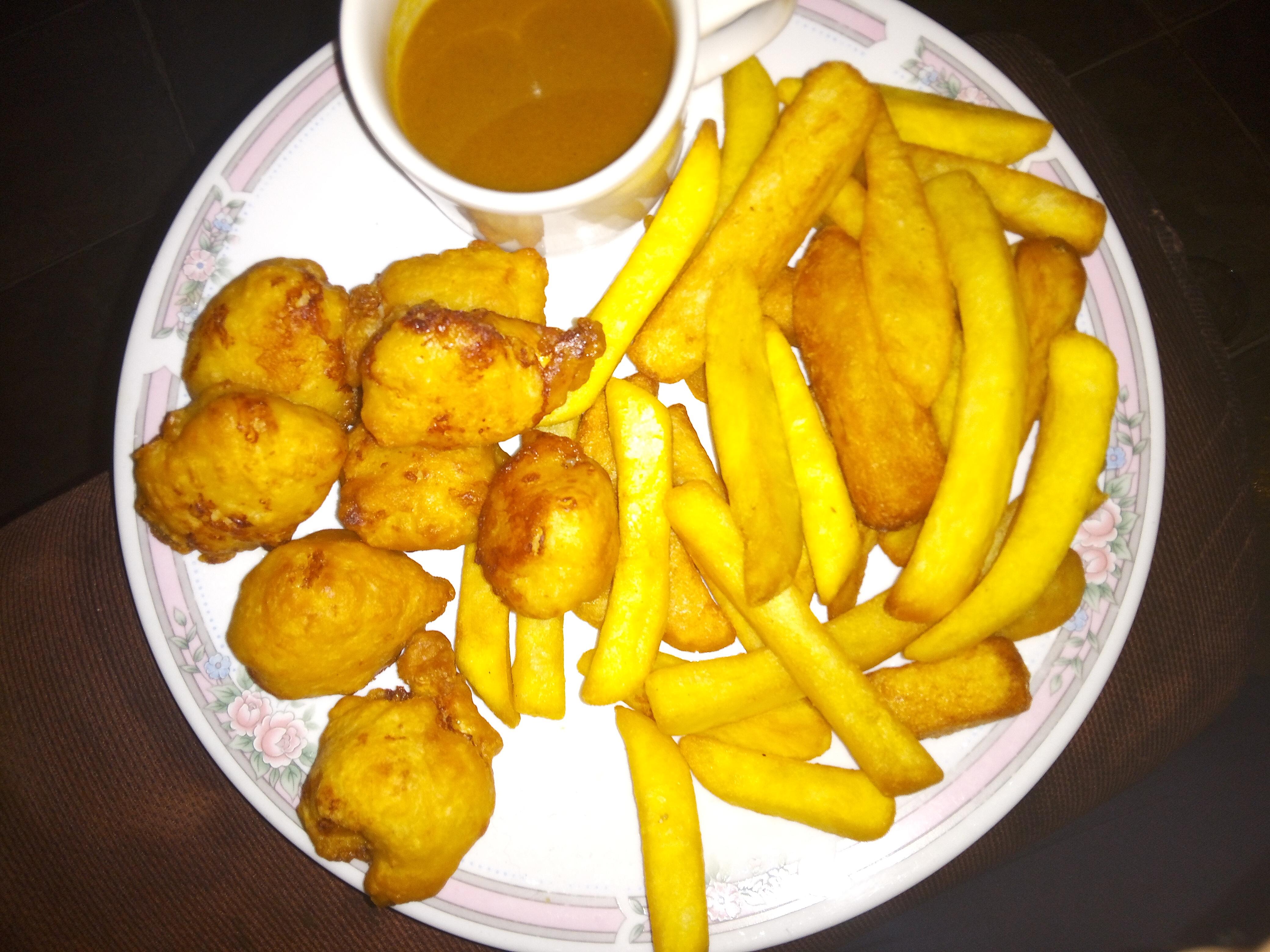 Chicken balls, Chips and curry sauce. r/RateMyPlate