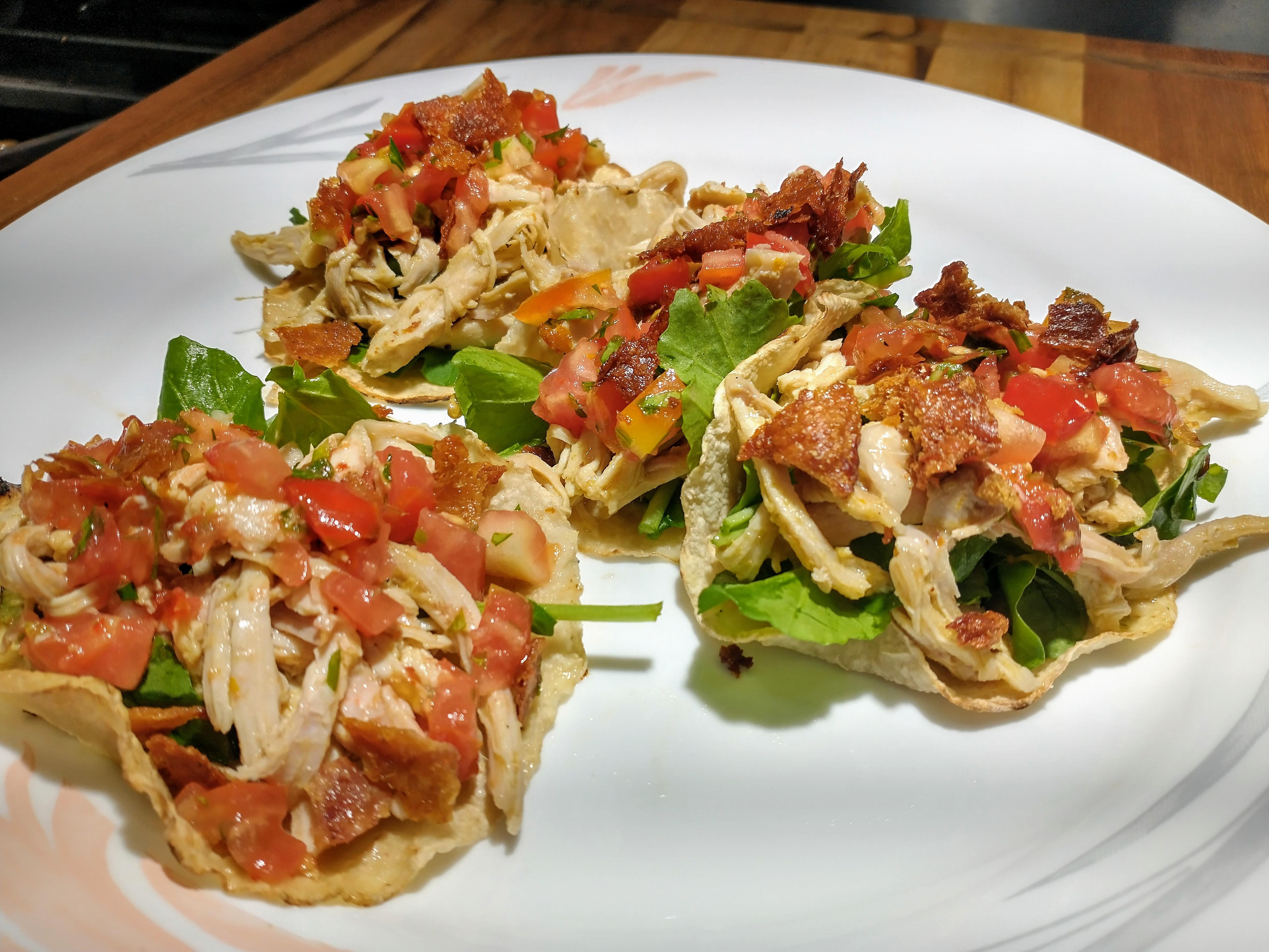 [Homemade] Shredded Chicken Tacos (Jicama Tortilla) w/ Arugula, Pico de