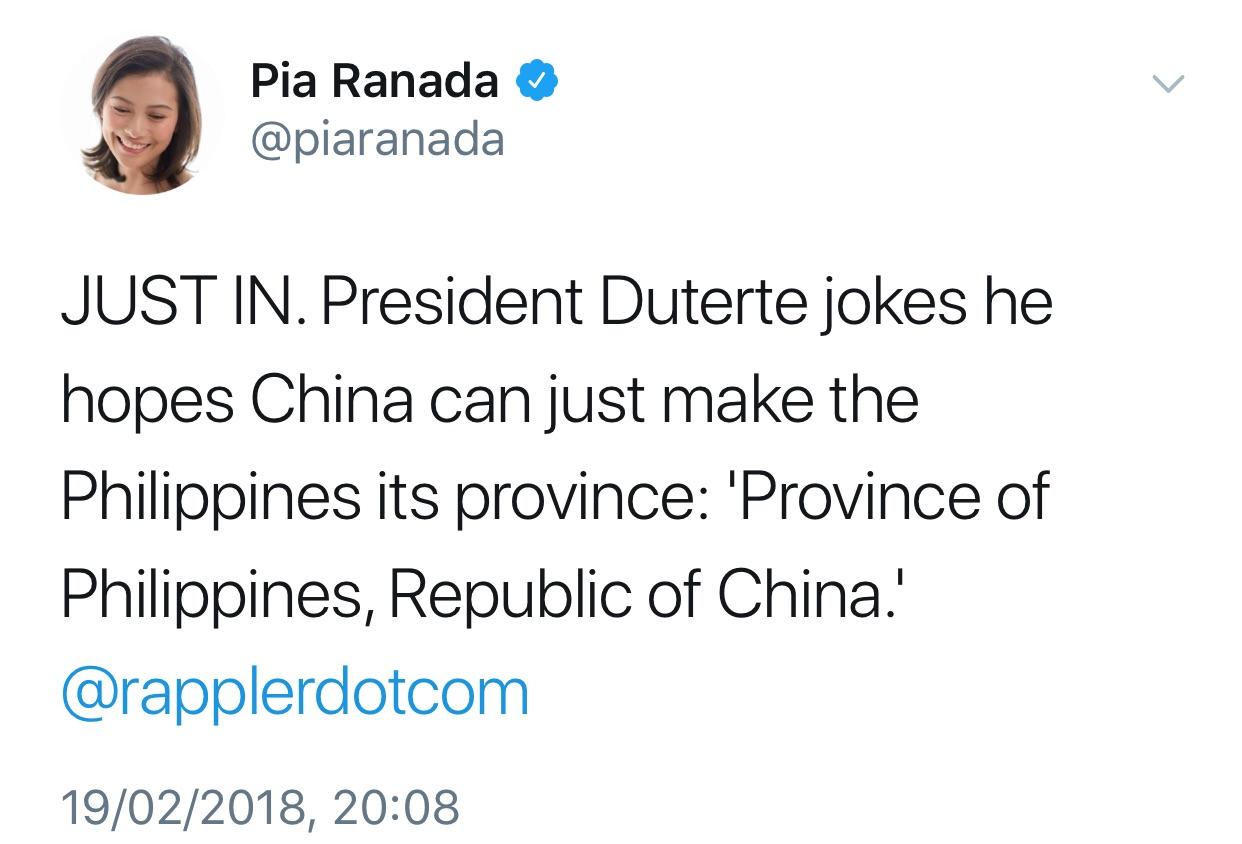 JUST IN. President Duterte jokes he hopes China can just make the