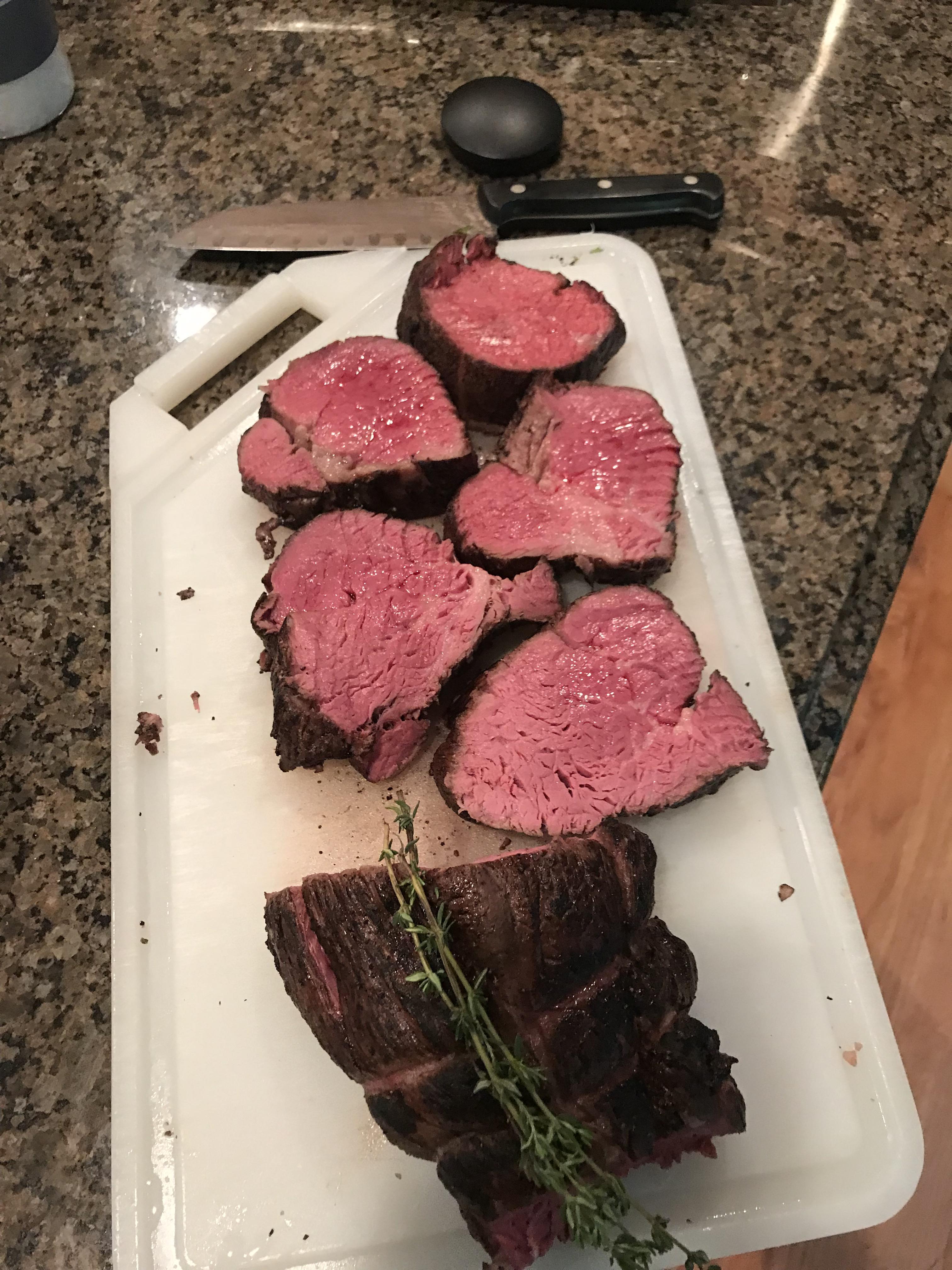 Filet Mignon Roast. 3 Hours 133f With Port & Garlic Sauce. Finished