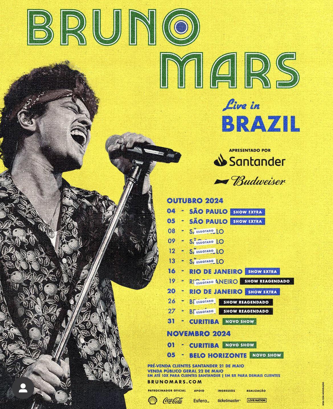 New dates for Bruno Mars Live in Brazil (Total of 14 SHOWS) r/BrunoMars New dates for Bruno Mars Live in Brazil (Total of 14 SHOWS) r/BrunoMars