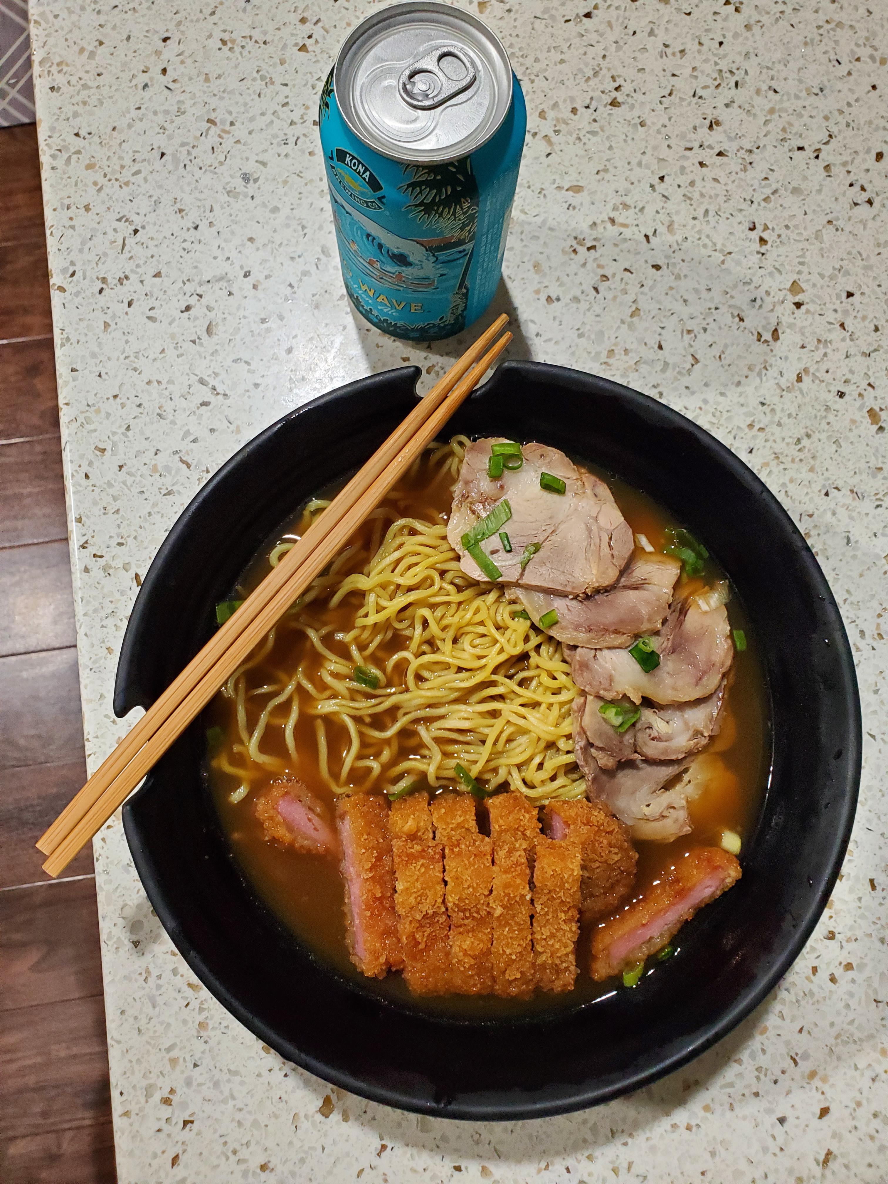 Shoyu and pork broth with char sui and spam katsu r/ramen