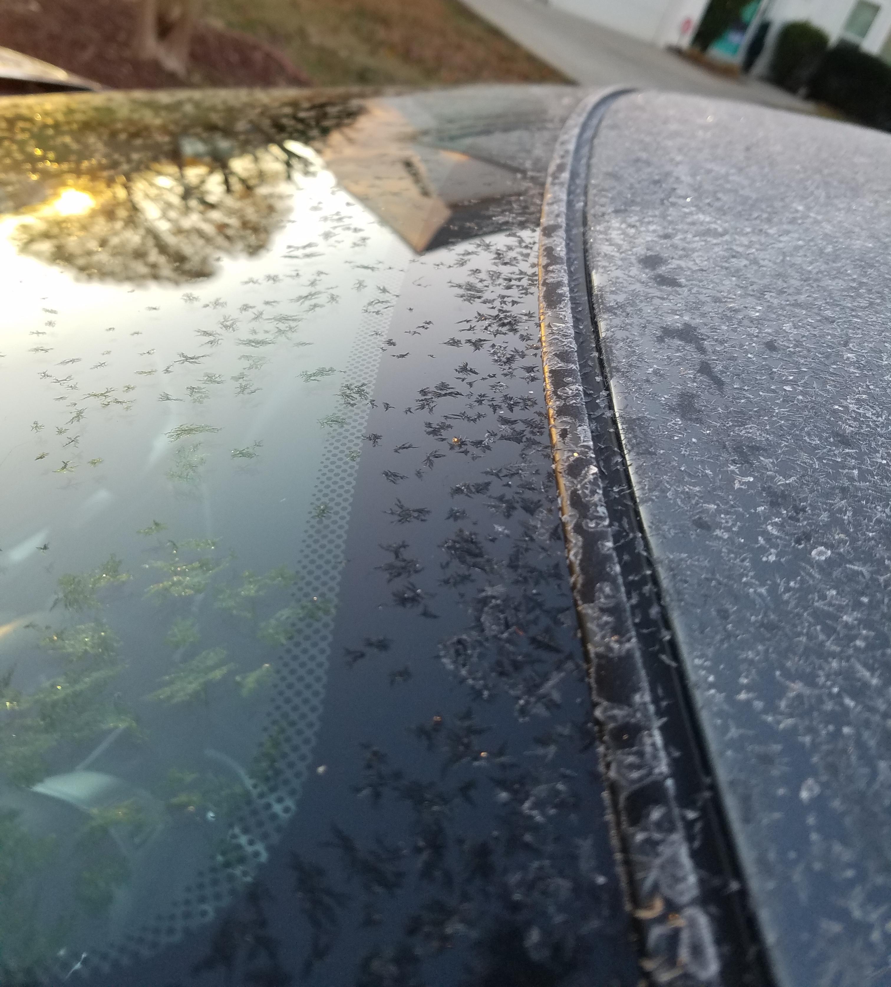 Frost covering a car windshield during a lower than average temperature