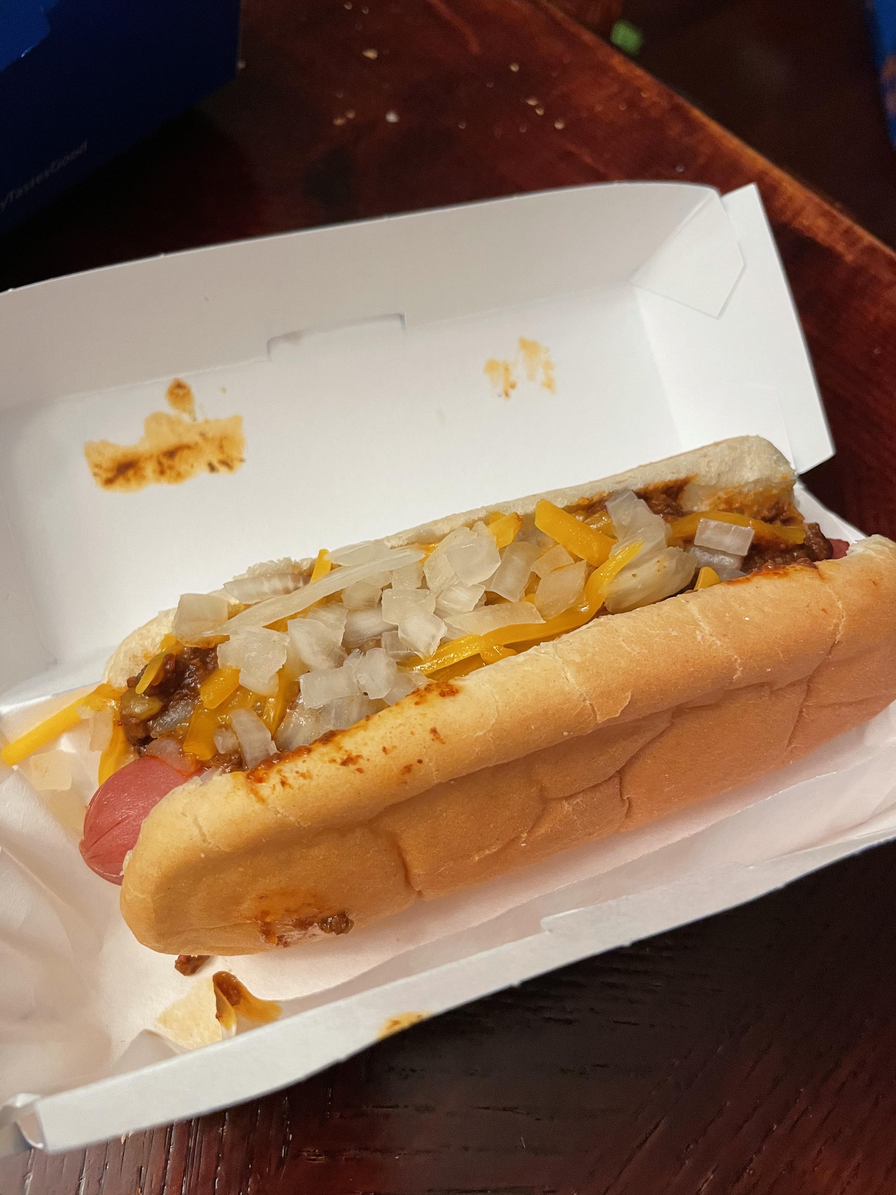 “Could I get some onion on my Chili Cheese Dog?” Me. “Sure, no problem