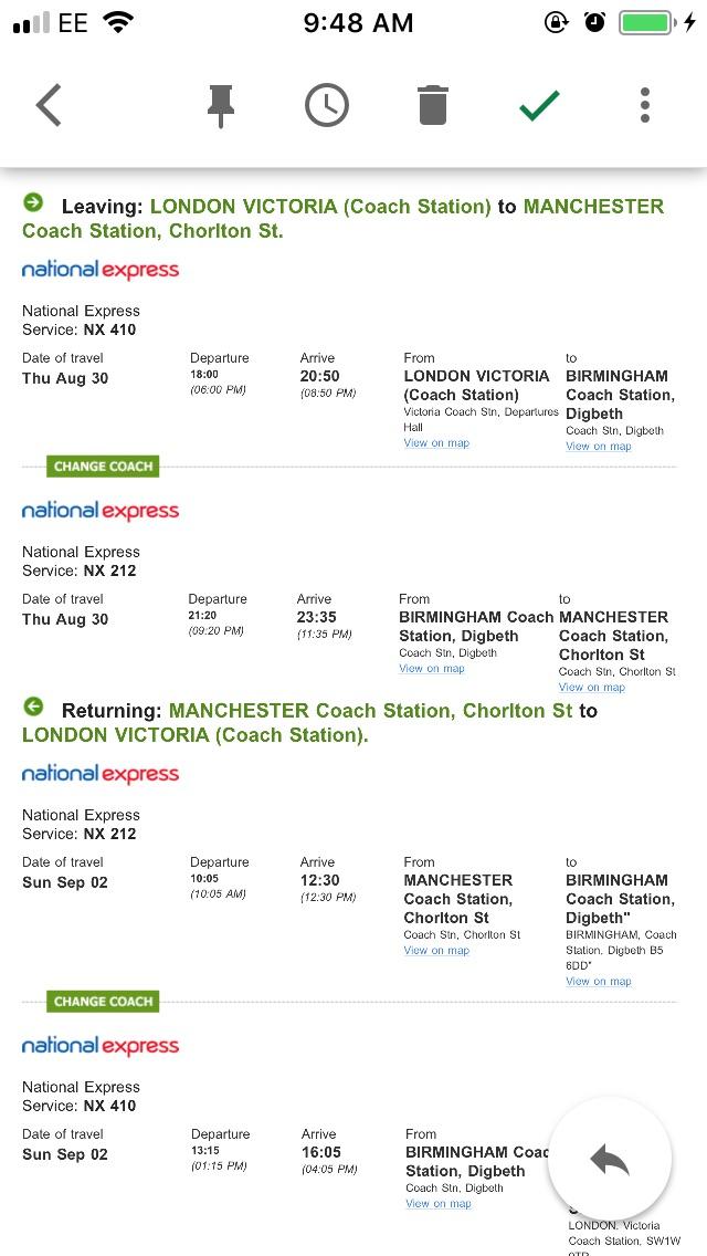 Free return coach ticket to Manchester/Birmingham on Thursday at 6pm