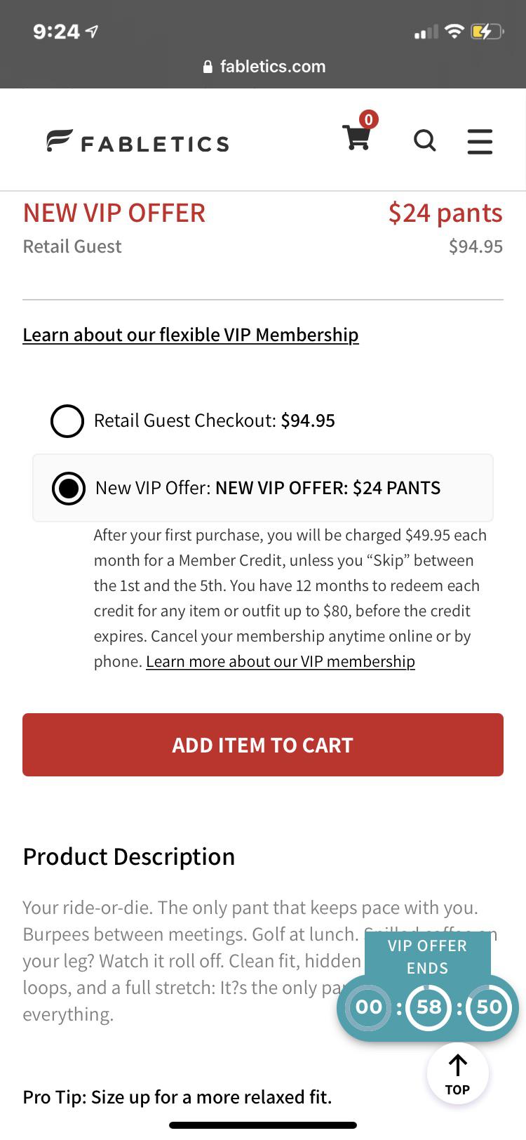 Fabletics offering a ‘VIP Offer’ (that charges you 50/month