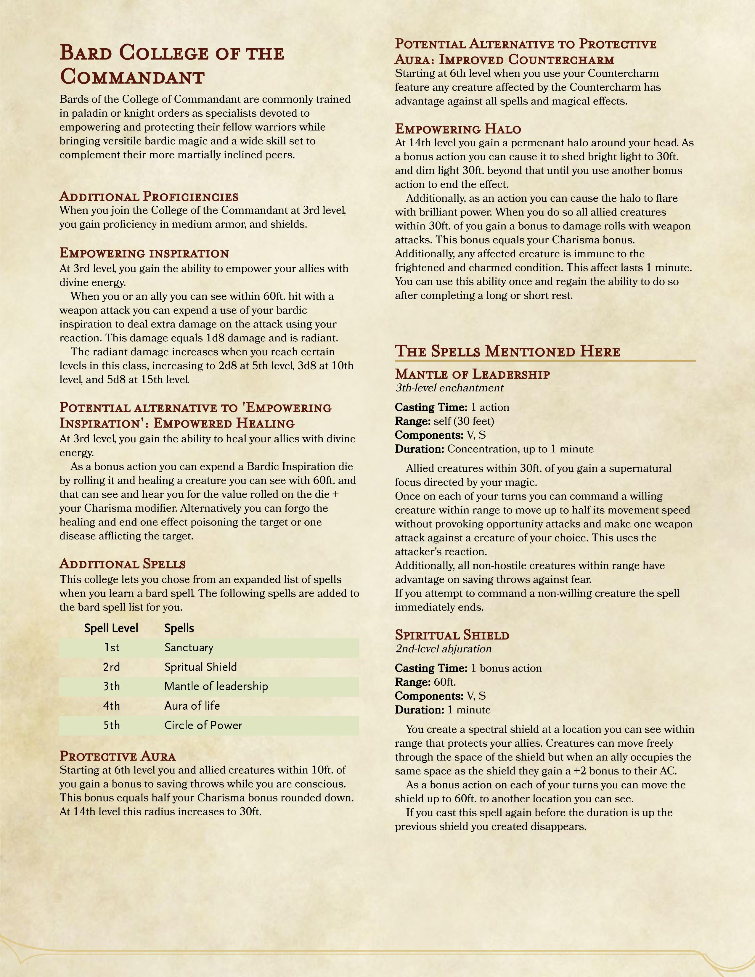 [OC][5e] Bard College of the Commandant DnD