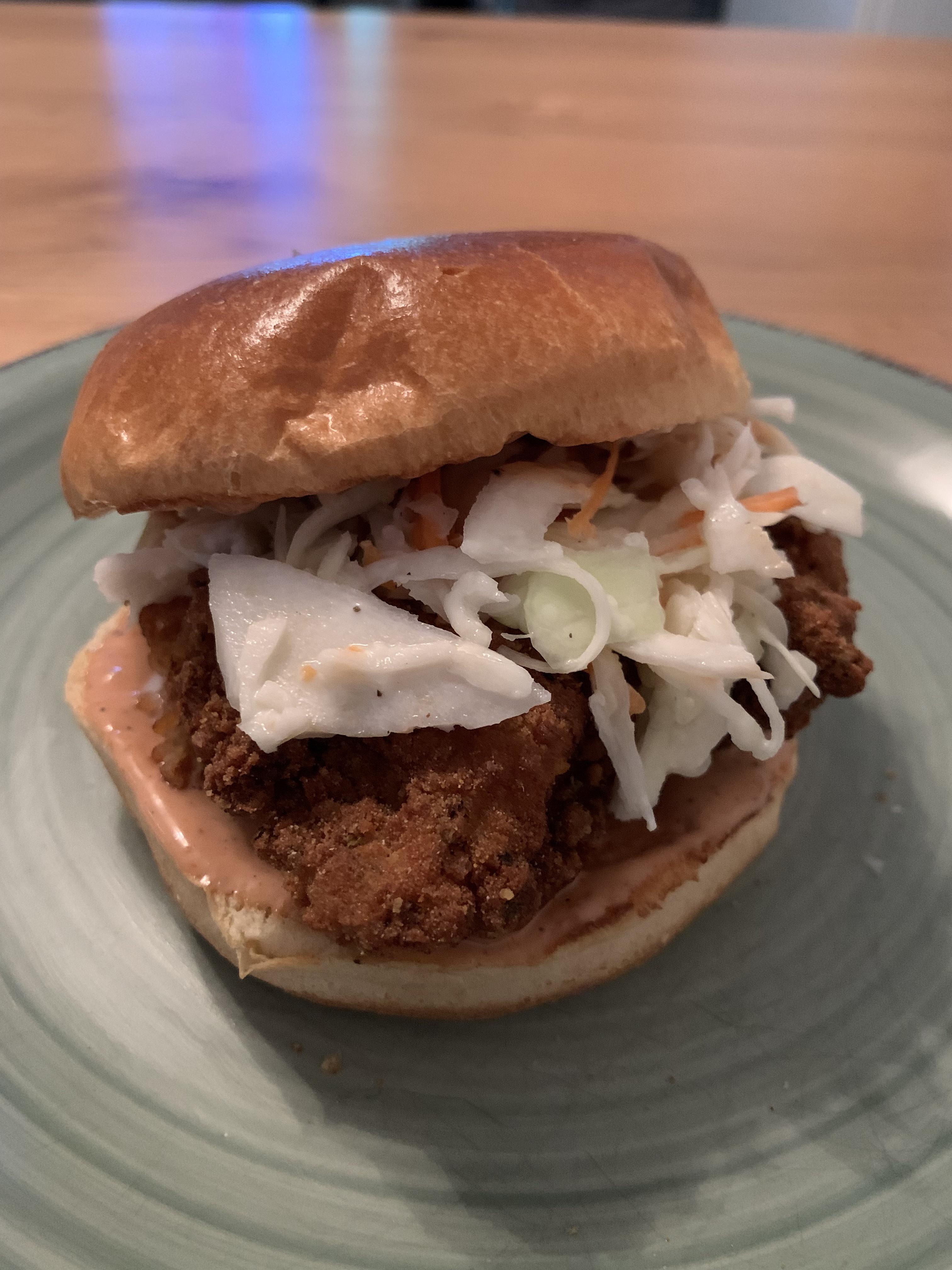 11 Spice Chicken Burger with Coleslaw and Copycat Raising Cane‘s Sauce
