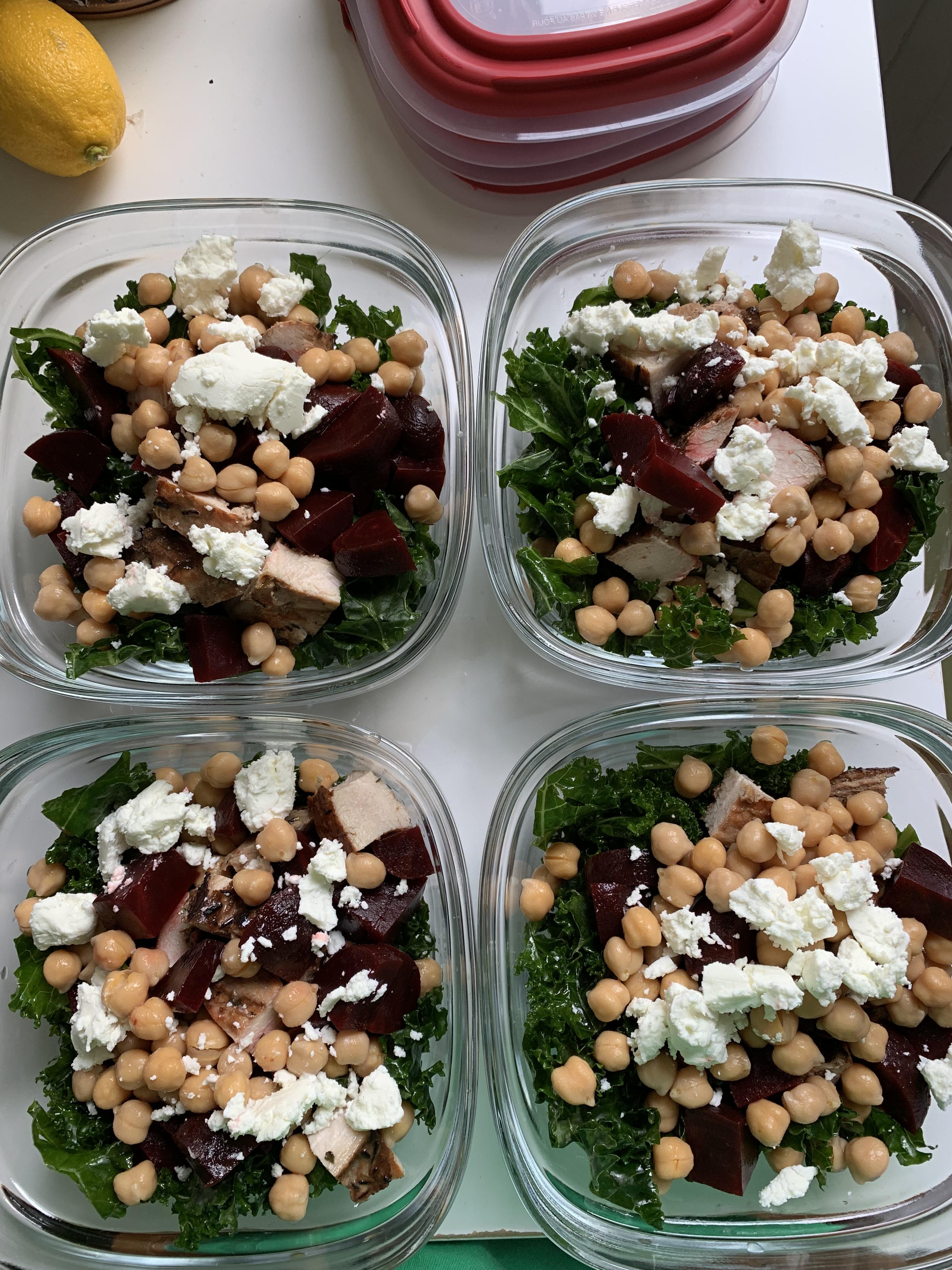 Meal Prep Monday! Kale salads ft. Grilled chicken, beets, chickpeas, and goat cheese r