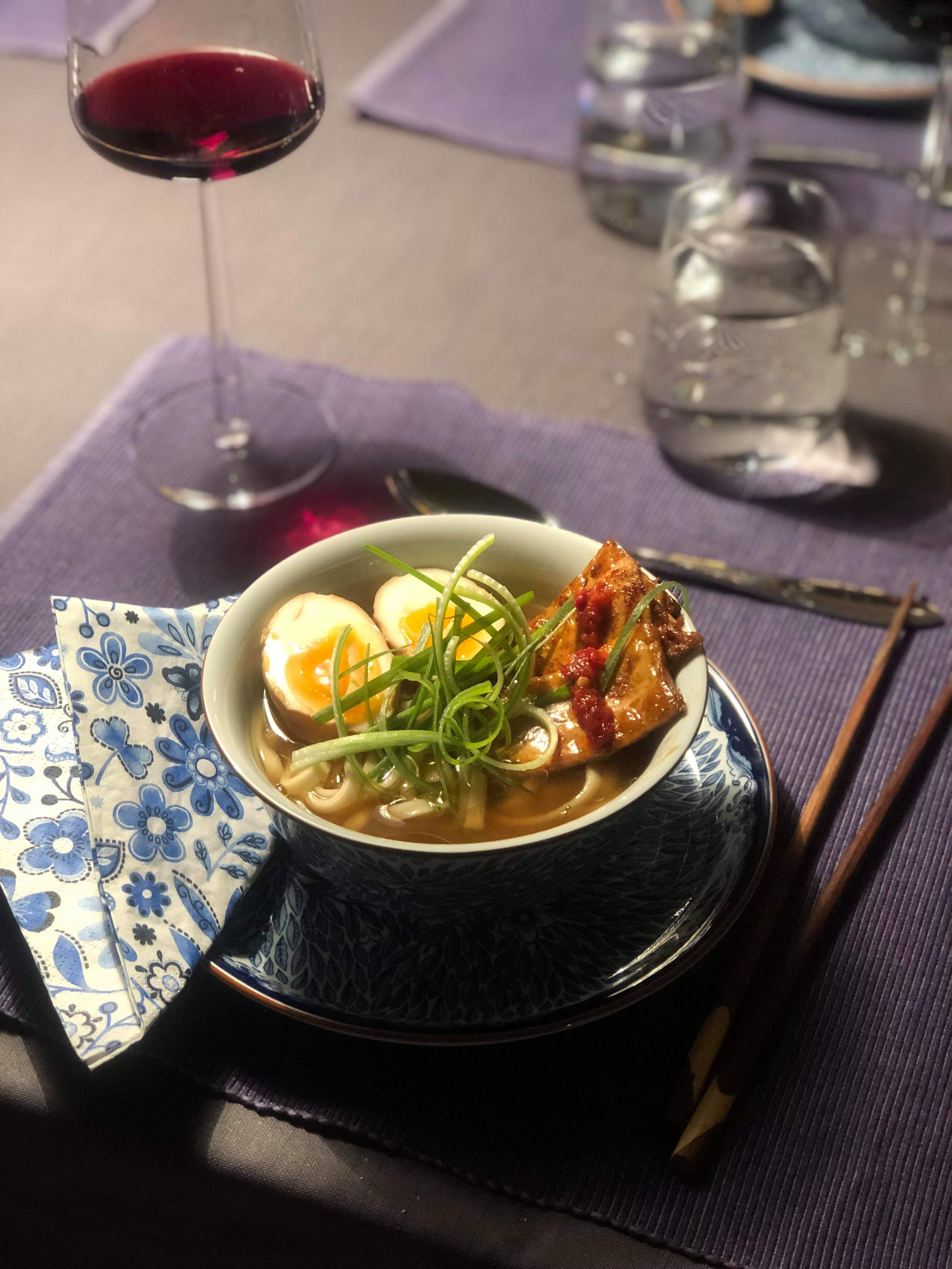 Made some vegetarian ramen. Soy glazed tofu, udon noodles, marinated