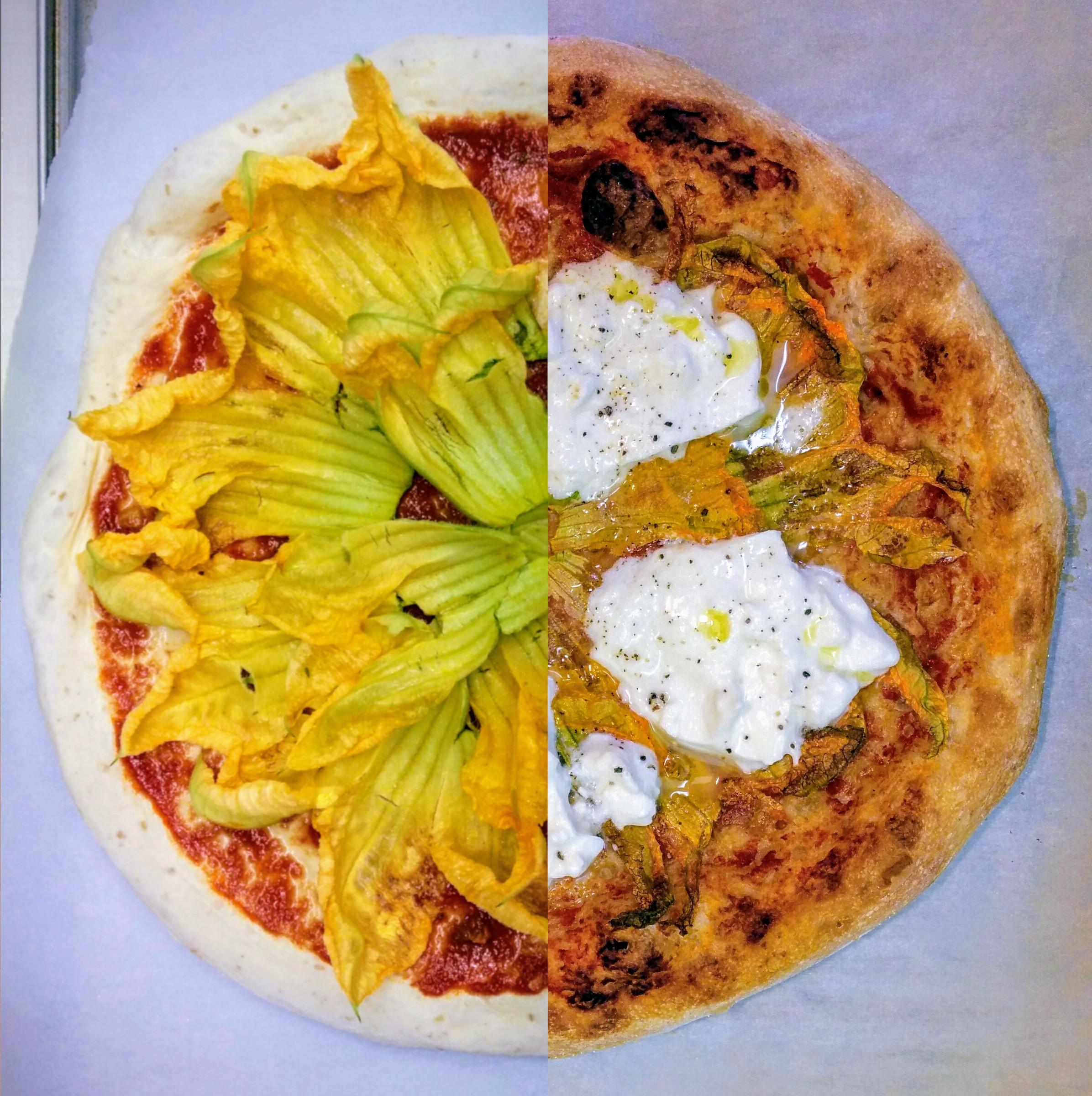 [Homemade] Zucchini Flower Pizza with Burrata r/food