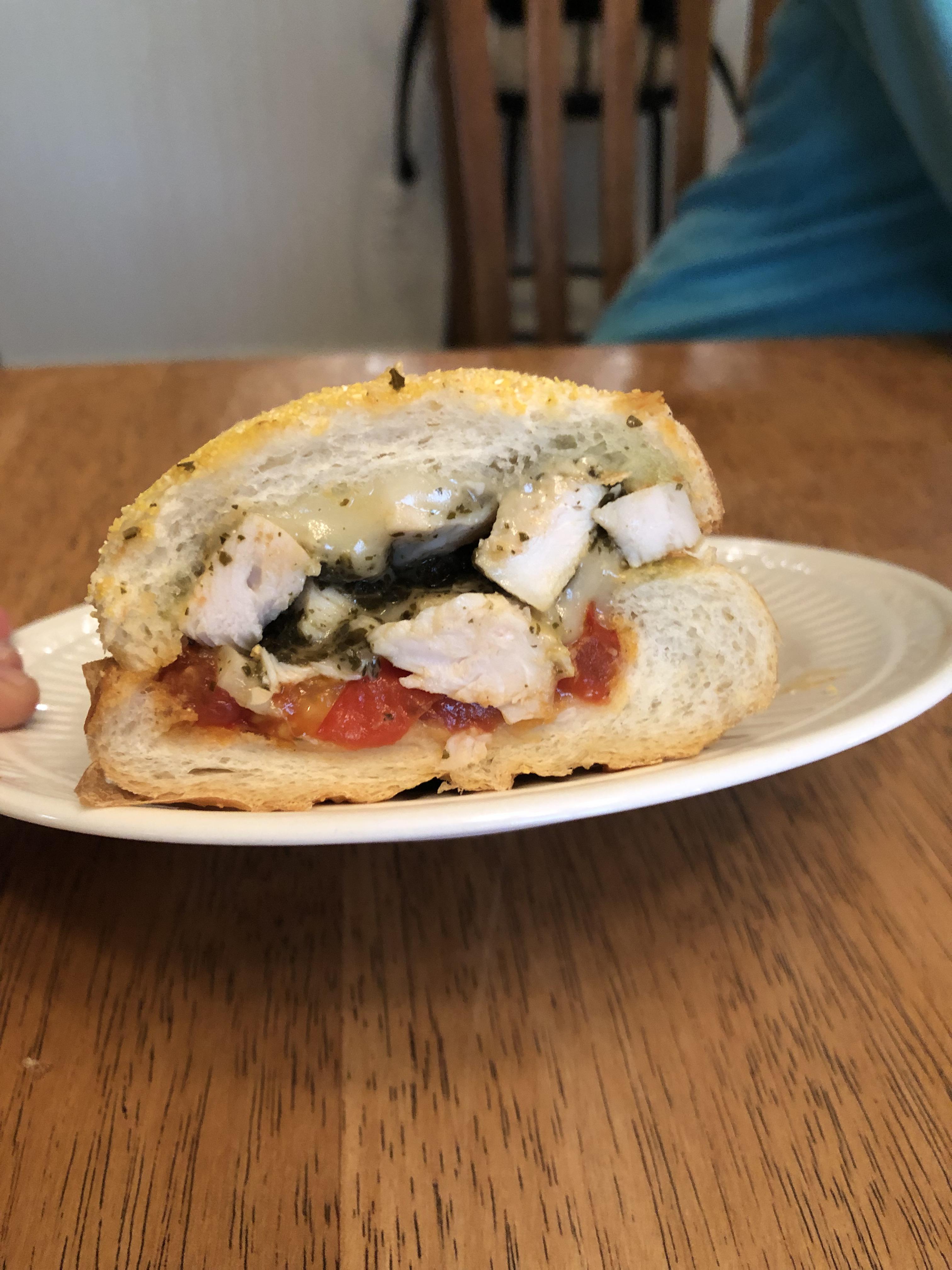 Sous vide chicken breast, pesto, mozzarella, roasted tomato, on Publix