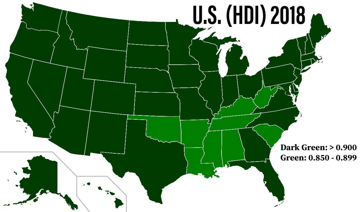 U.S. (HDI) 2018 By States r/MapPorn