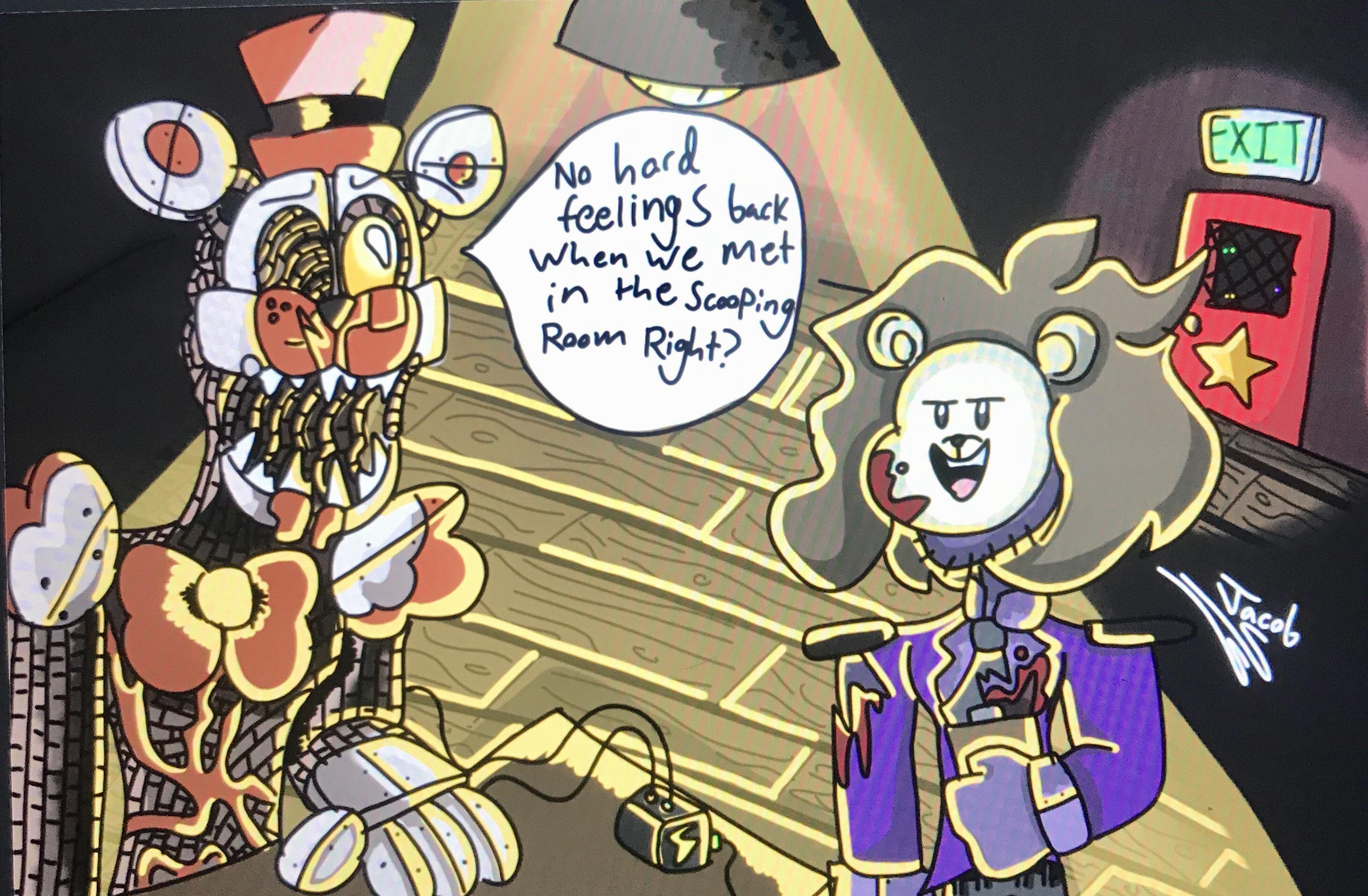 Imagine in FNaF 6 during the salvage with Molten Freddy Michael called