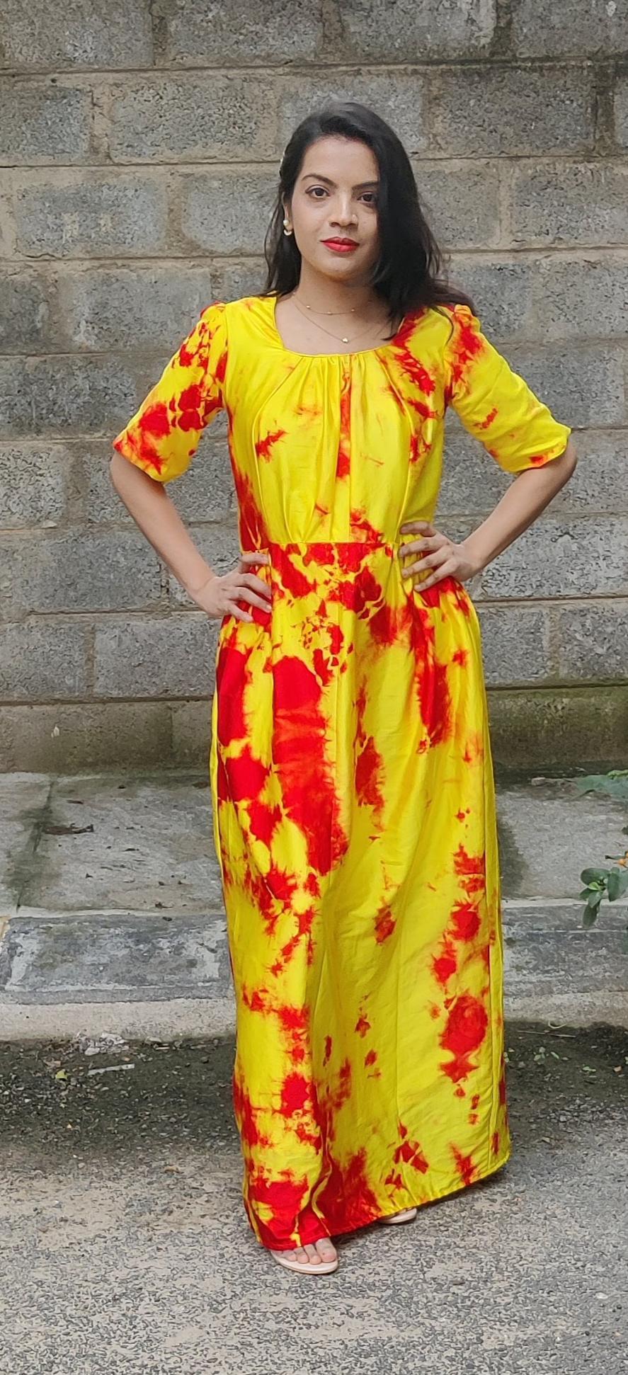 Finished this tie and dye printed pleated neckline dress. r/sewing