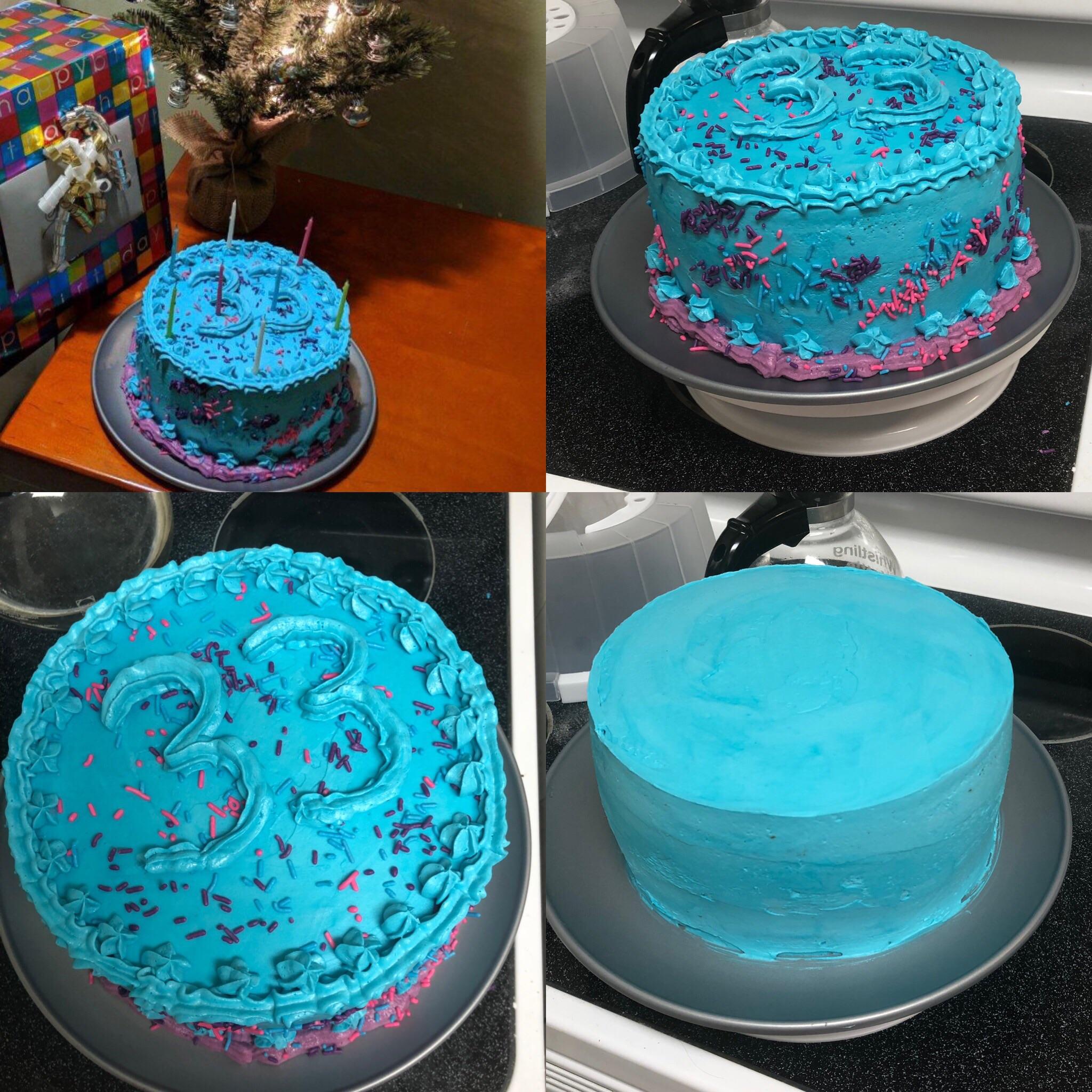First time cake decorating for my boyfriends 33rd! Chocolate cake with