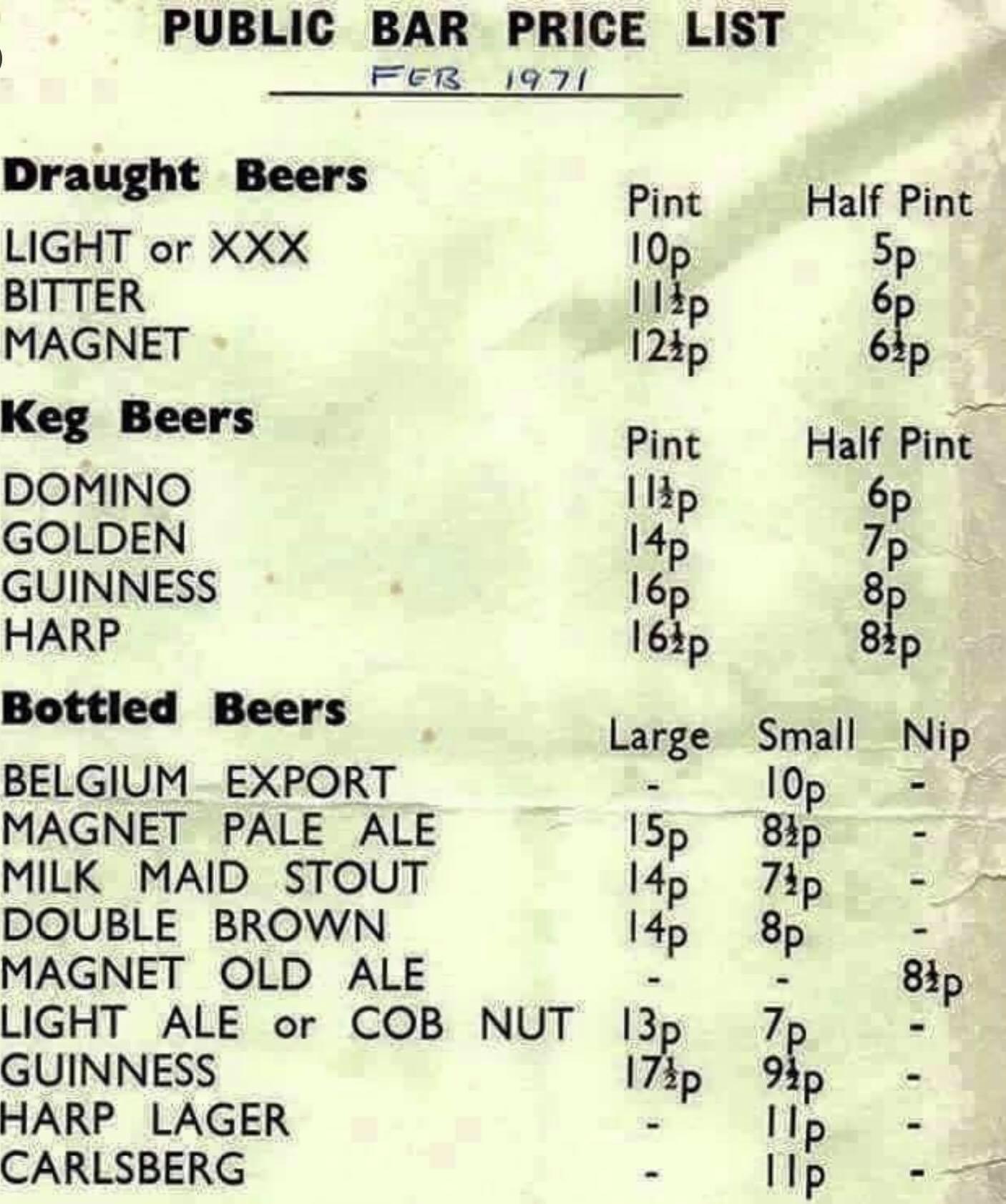 British pub drinks prices, 1971 r/CasualUK