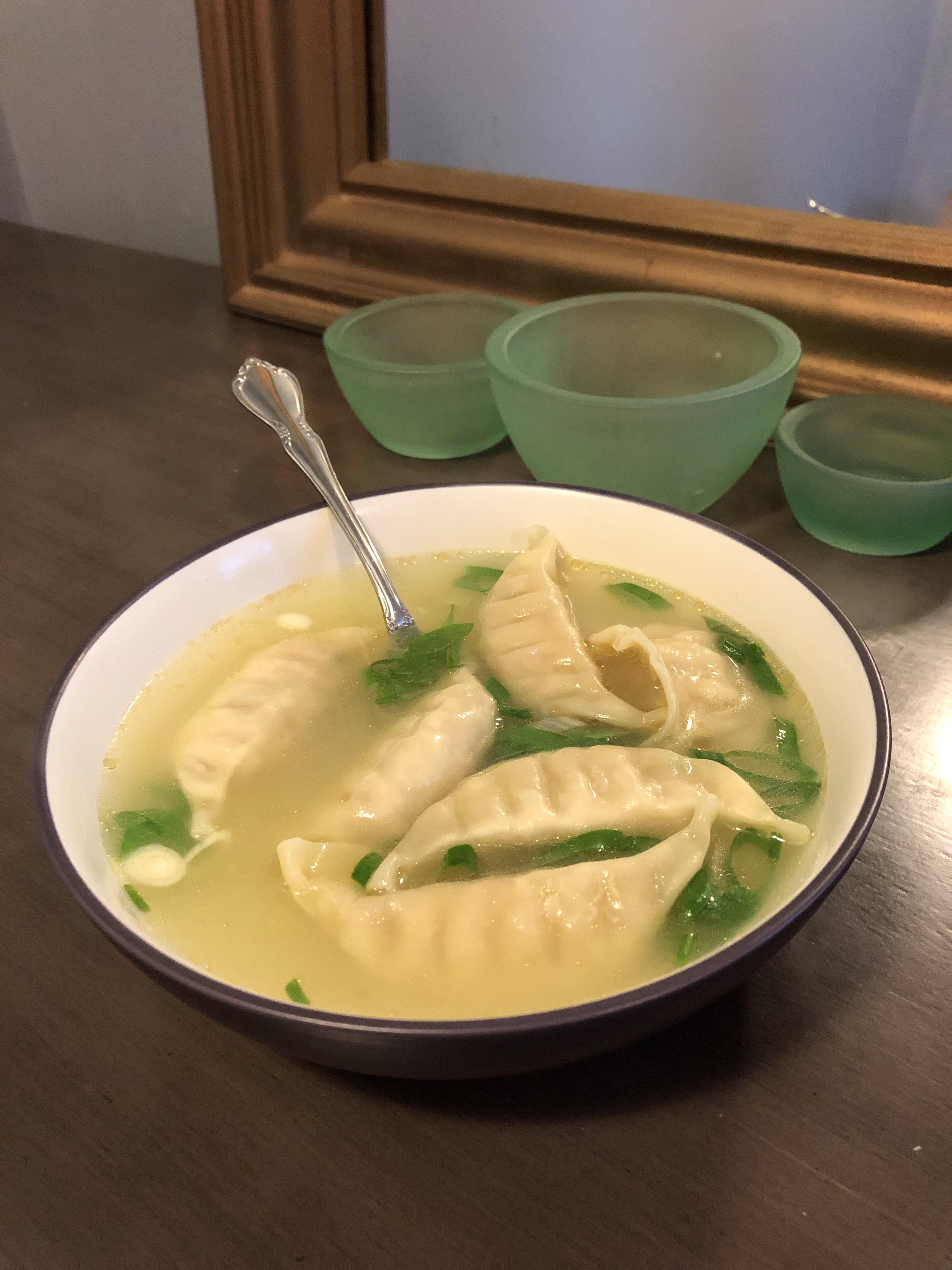 Approx 240 calories chicken gyoza soup. 2ish cups chicken broth