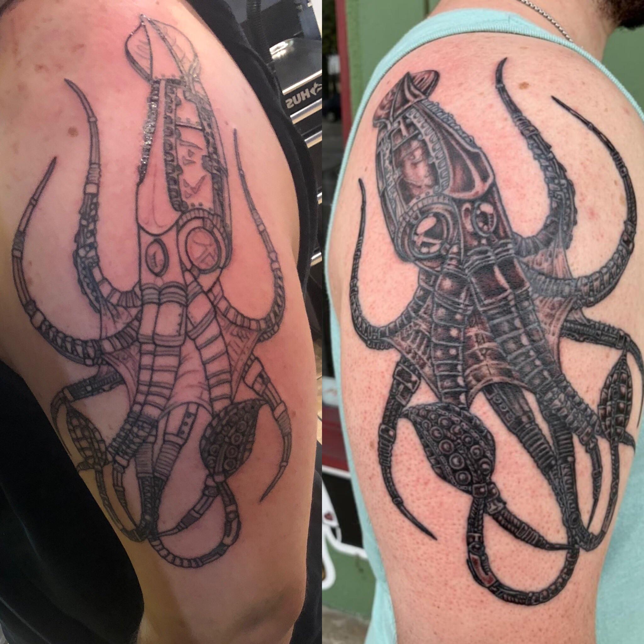 Biomech Squid for my first tattoo. One more session of