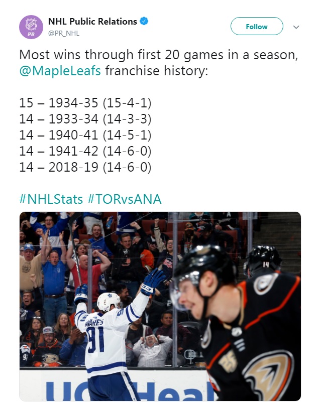 (NHL PR) Most wins through first 20 games in a season in Maple Leafs