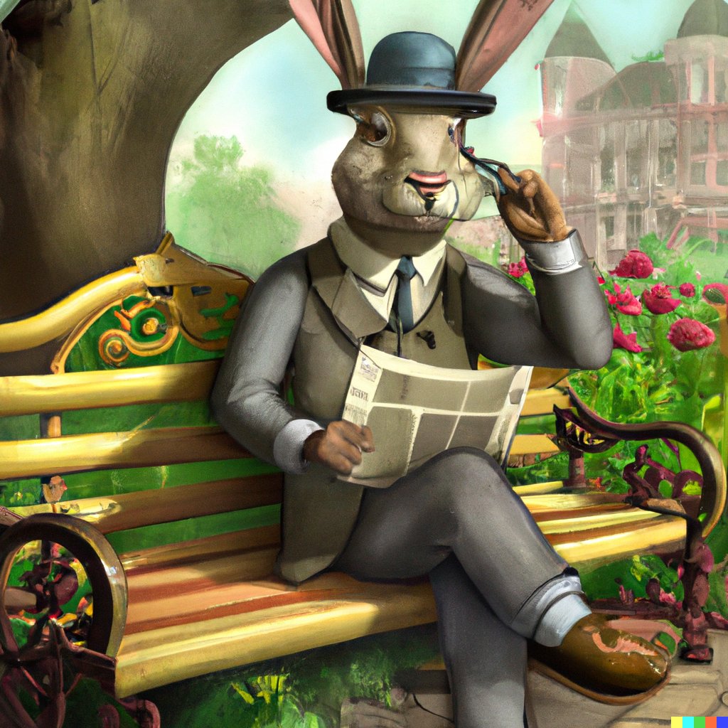 DALLE 2 A rabbit detective sitting on a park bench and reading a