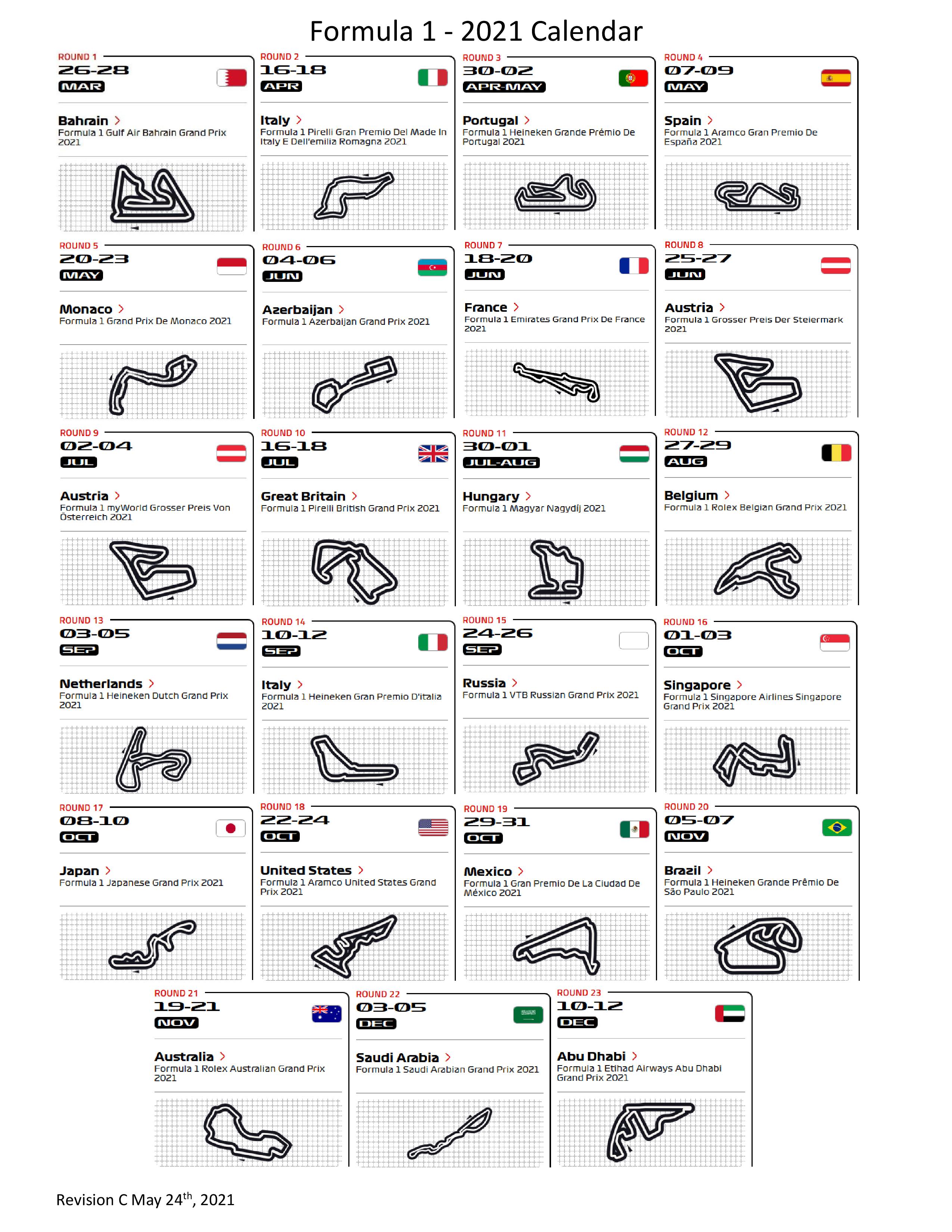 Printable F1 2021 Calendar Revised May 24th, 2021 r/formula1